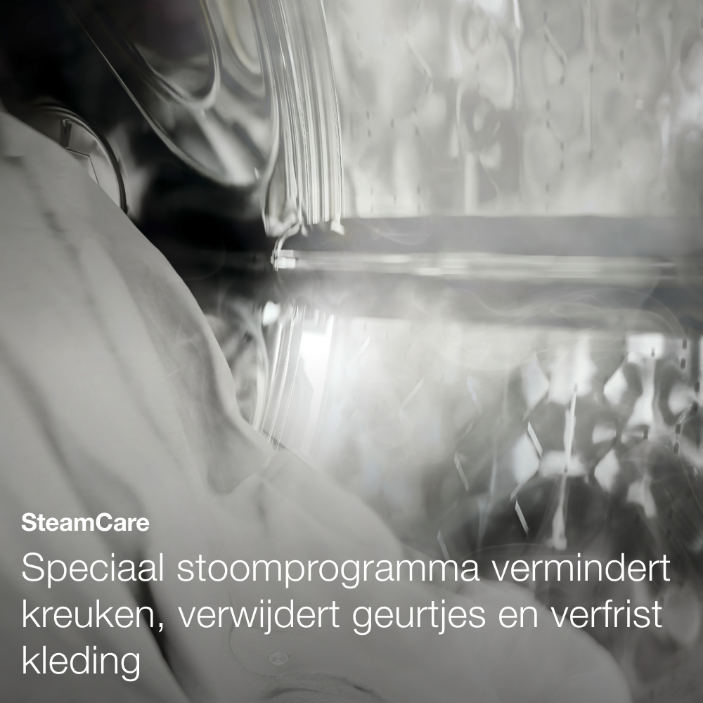 Inside a washing machine, steam rises around white fabric. Text on the left says 'SteamCare' and describes a special steam program.