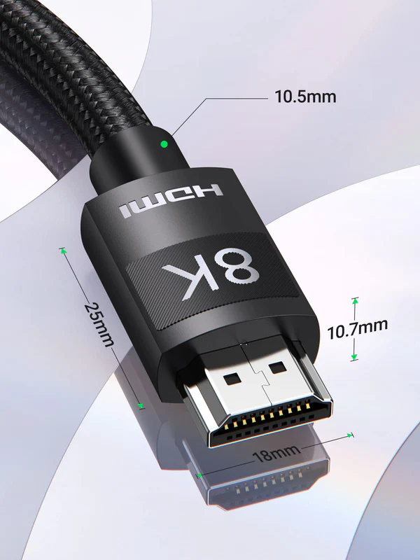 8K etiketli siyah HDMI kablosu. Boyutları gösterir: 10.5mm, 25mm, 18mm ve 10.7mm. Örgülü kablo ve konektöre sahiptir.