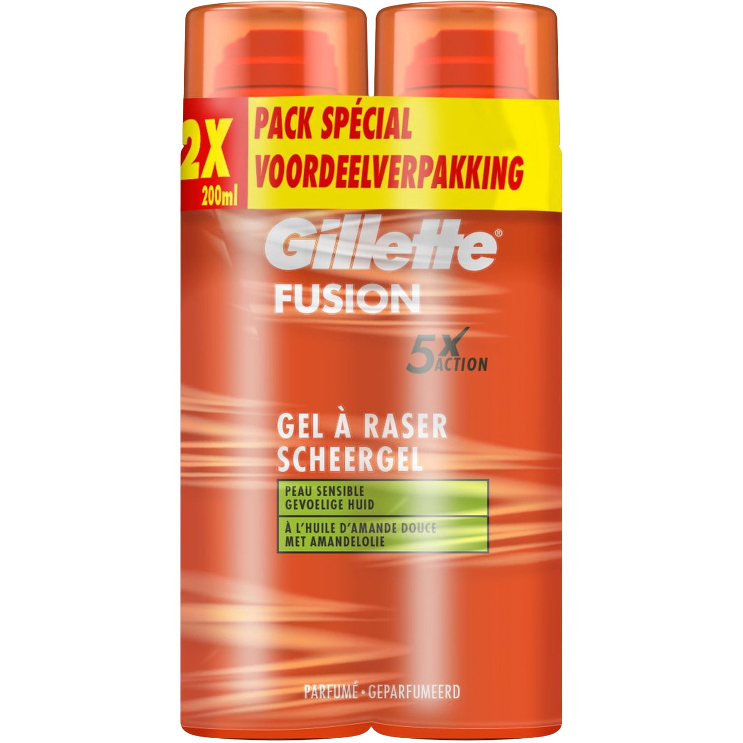 Deux boîtes de gel à raser Gillette Fusion oranges. Elles sont étiquetées en plusieurs langues, dont le français et le néerlandais.