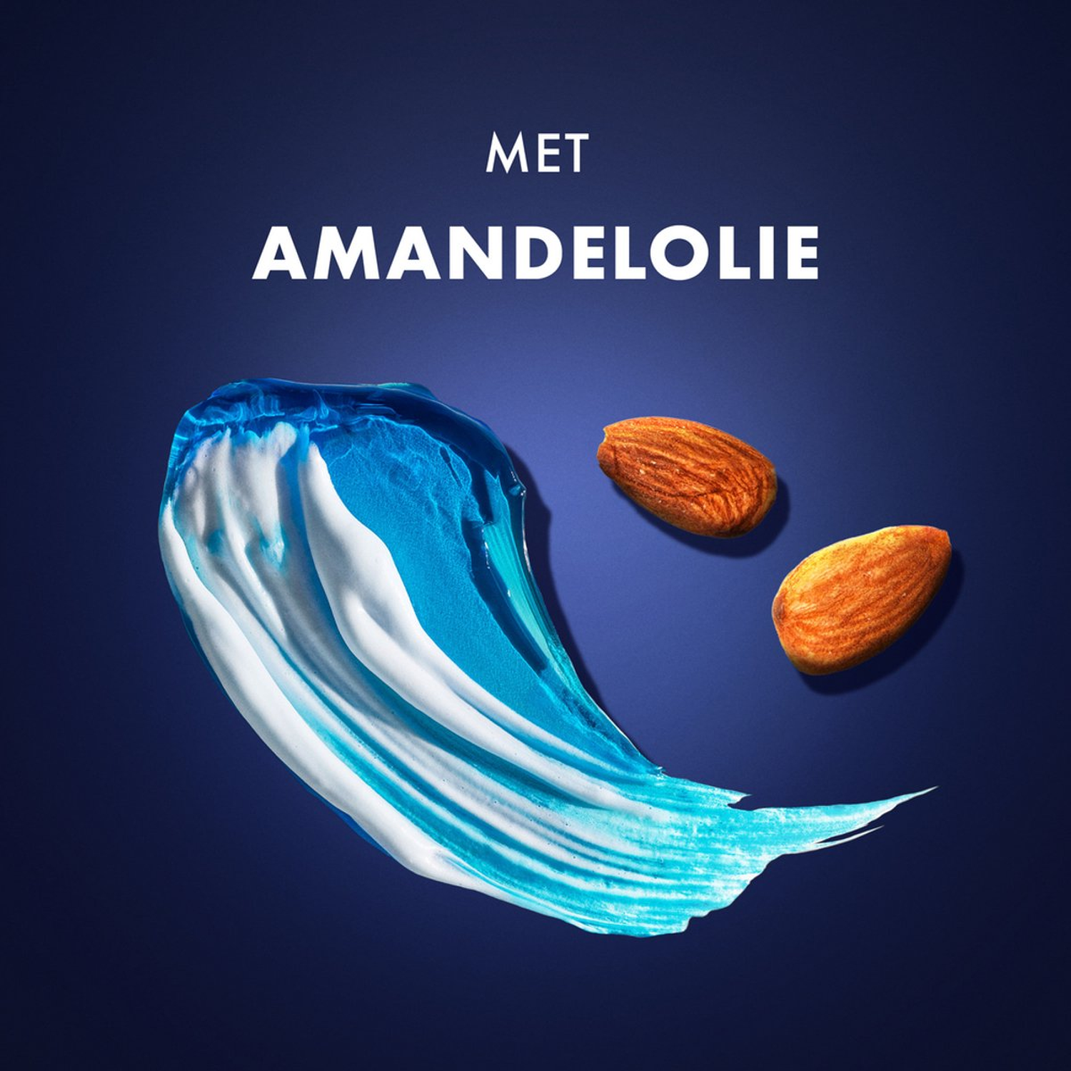 L'image montre des coups de pinceau bleus et blancs avec deux amandes sur fond bleu foncé. Texte : 'MET AMANDELOLIE'.