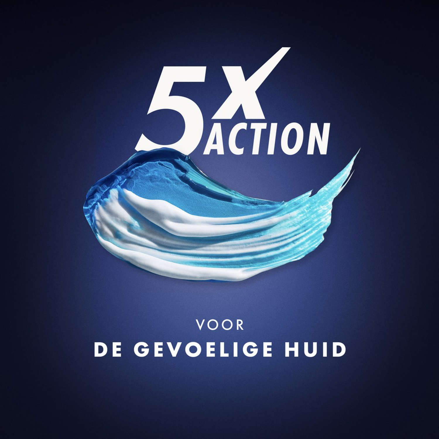 L'image montre le texte 5X ACTION avec un tourbillon bleu et blanc, et le texte 'VOOR DE GEVOELIGE HUID' sur fond bleu foncé.
