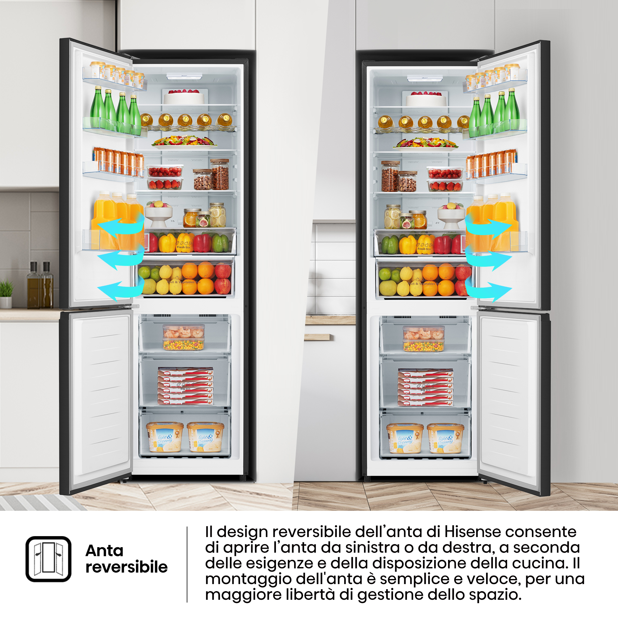 Un frigorifero con porte aperte, che mostra frutta, verdura, bevande e surgelati. Le frecce indicano la porta reversibile.