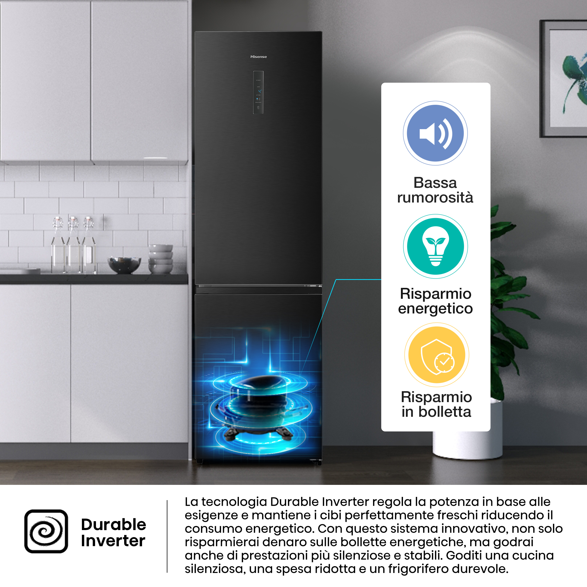 Frigorifero Hisense nero, cucina bianca. Caratteristiche: bassa rumorosità, risparmio energetico e risparmio in bolletta.