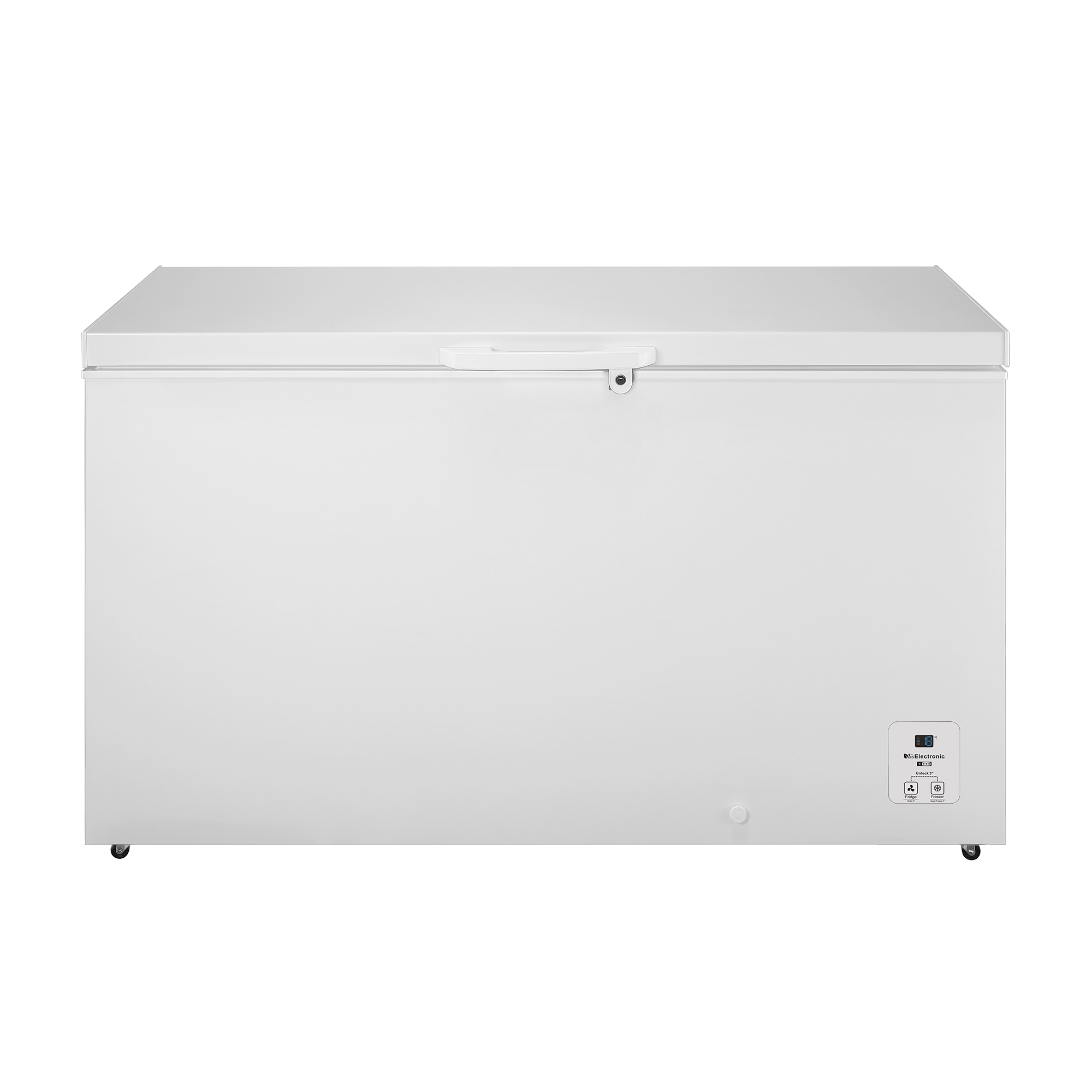 Un congelatore a pozzetto bianco con maniglia sopra. Ha un display digitale e ruote per un facile spostamento.