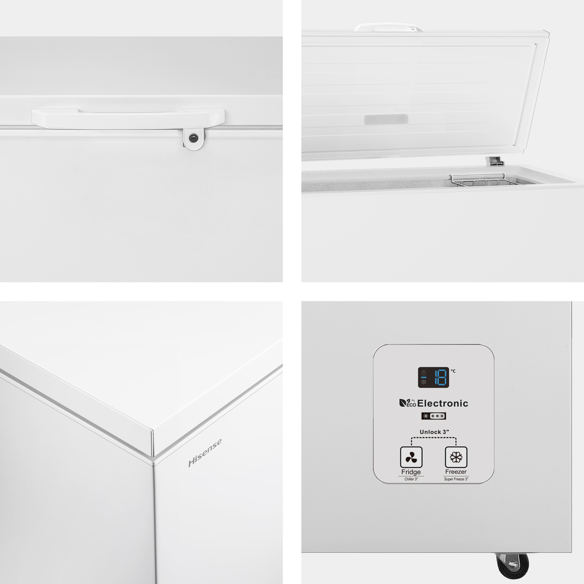 Un congelatore bianco con coperchio aperto. Mostra maniglia, display digitale e logo Hisense. Comandi per frigo e freezer.