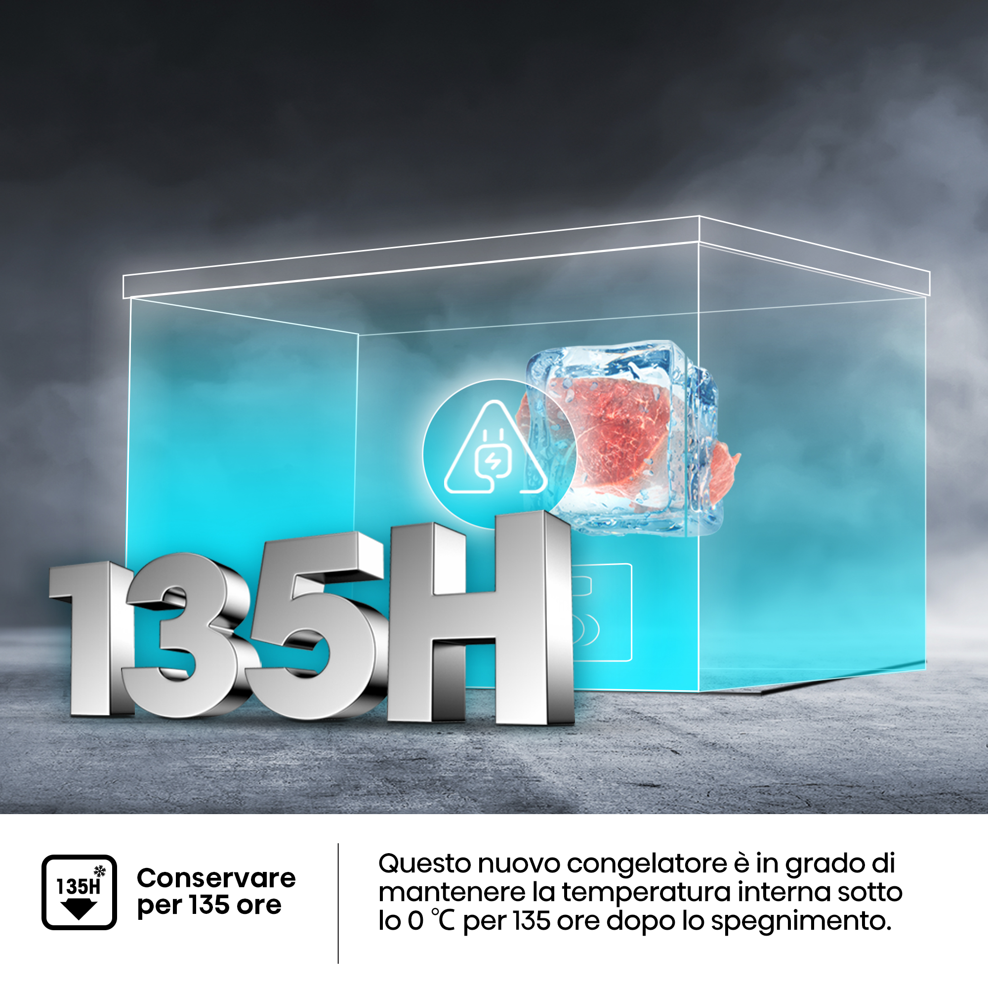 Logo argentato '135H', scatola blu con ghiaccio e carne. Testo: 'Conservare per 135 ore', il congelatore mantiene il cibo freddo.