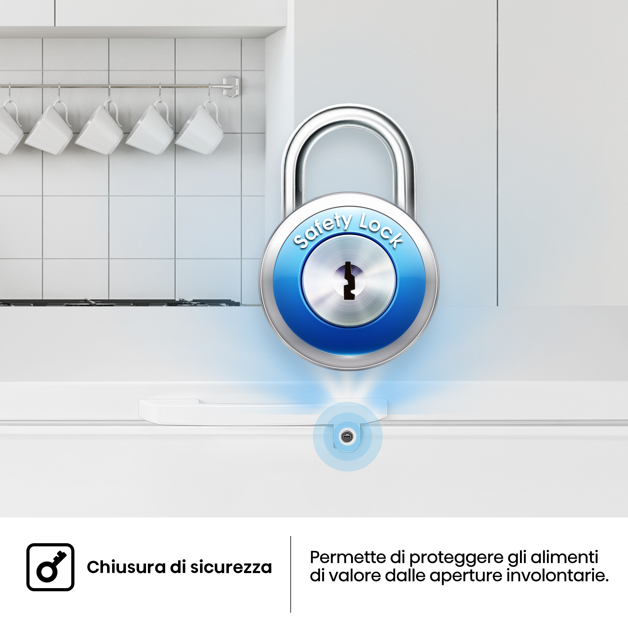 Un congelatore con chiusura di sicurezza, maniglia bianca e diverse tazze bianche appese sullo sfondo.