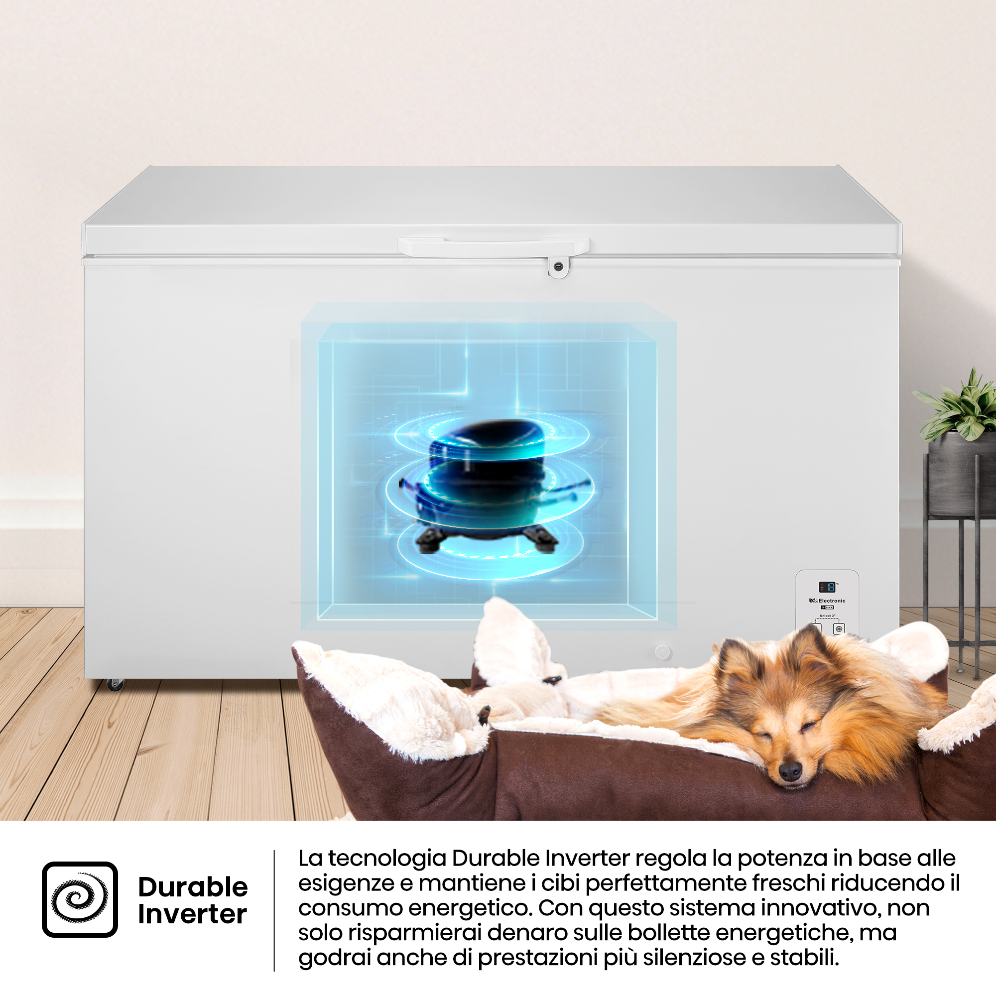 Un congelatore bianco con una cuccia davanti. Un cane dorme nella cuccia. È visibile un'illustrazione del meccanismo del congelatore.