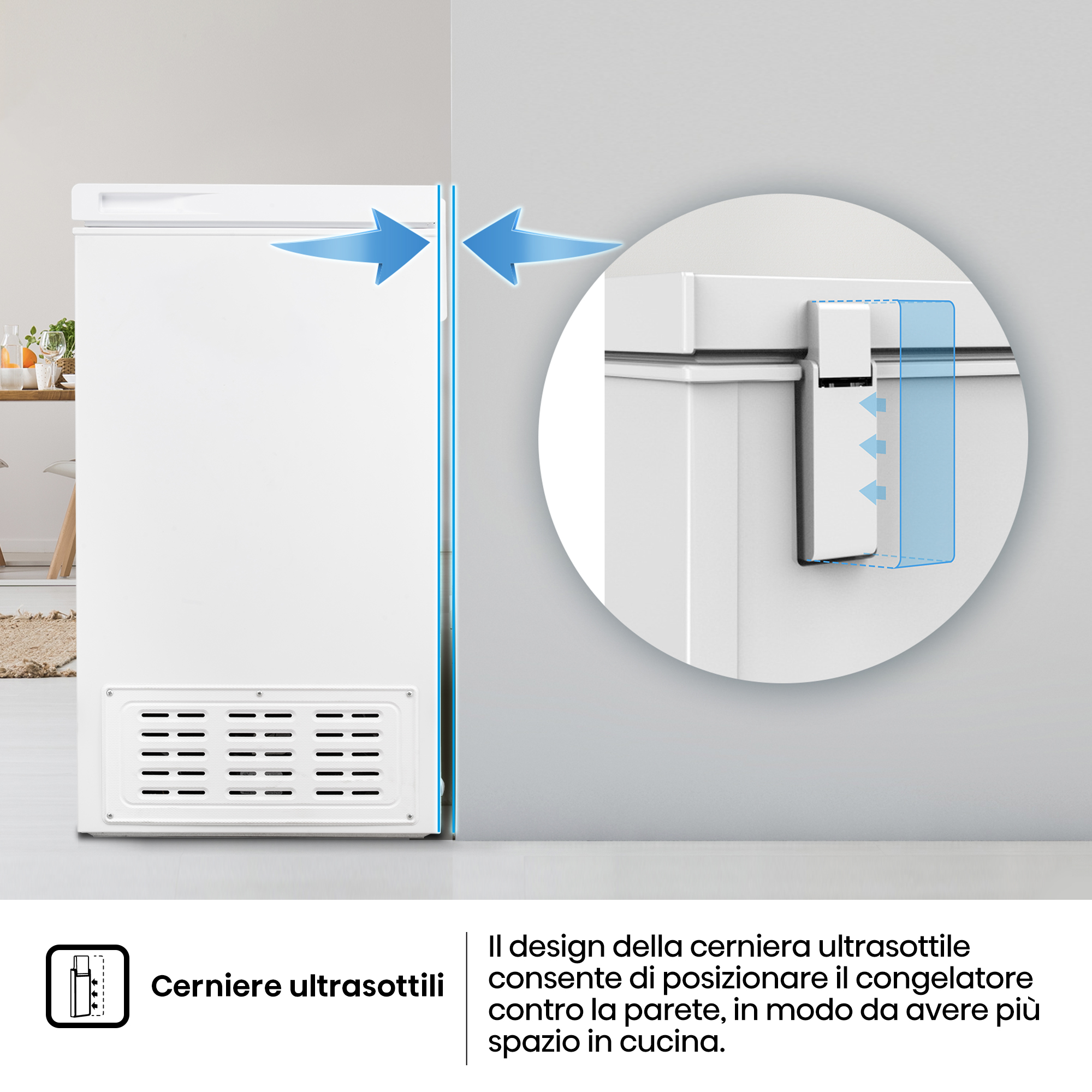 Un congelatore bianco, un diagramma che mostra il design delle cerniere per il posizionamento a parete e testo in italiano.