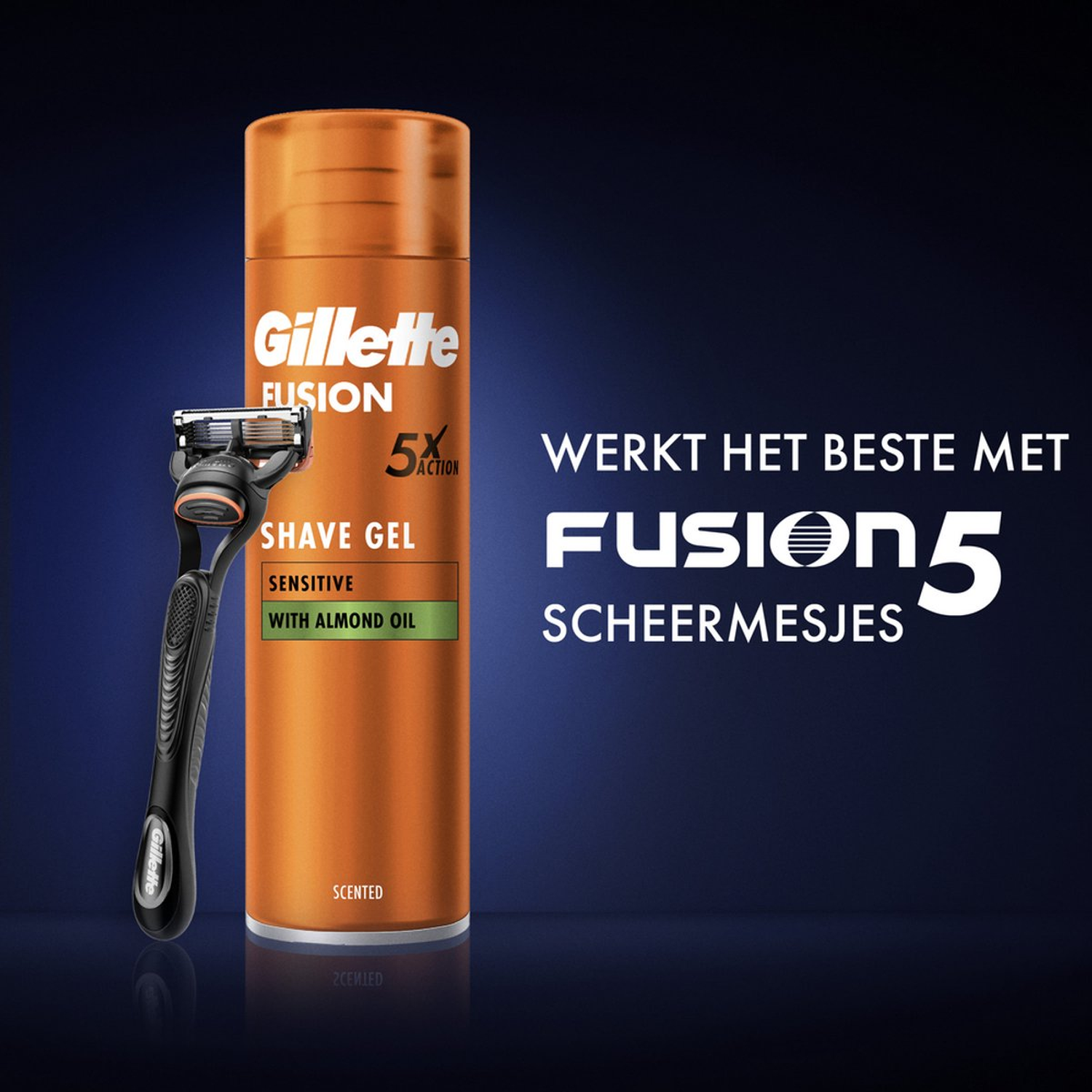 Gel à raser et rasoir Gillette Fusion 5. Flacon de gel orange et rasoir noir sur fond dégradé bleu. Texte : 'Fonctionne le mieux avec Fusion 5'.
