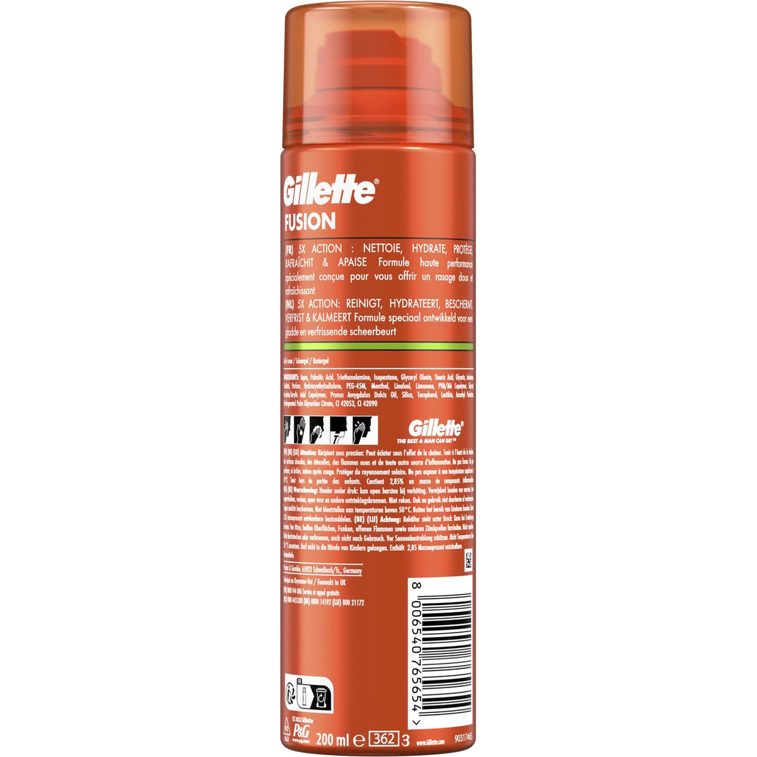 Gel à raser Gillette Fusion en bombe. Étiquette orange et blanche. Texte en anglais et français. Code-barres.