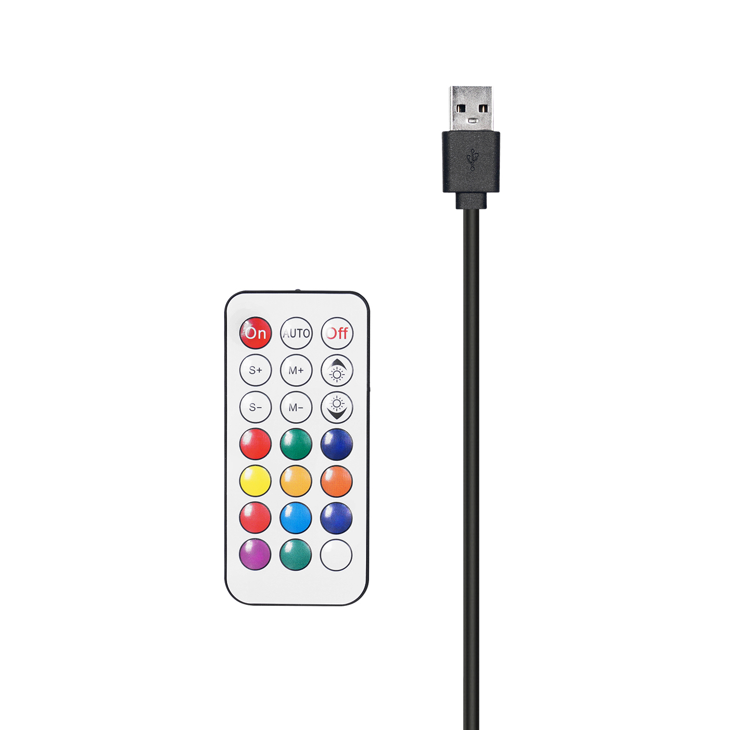 Renkli düğmeleri ve USB kablosu olan beyaz bir uzaktan kumanda. Kumandada 'Açık', 'Otomatik' ve 'Kapalı' düğmeleri var.