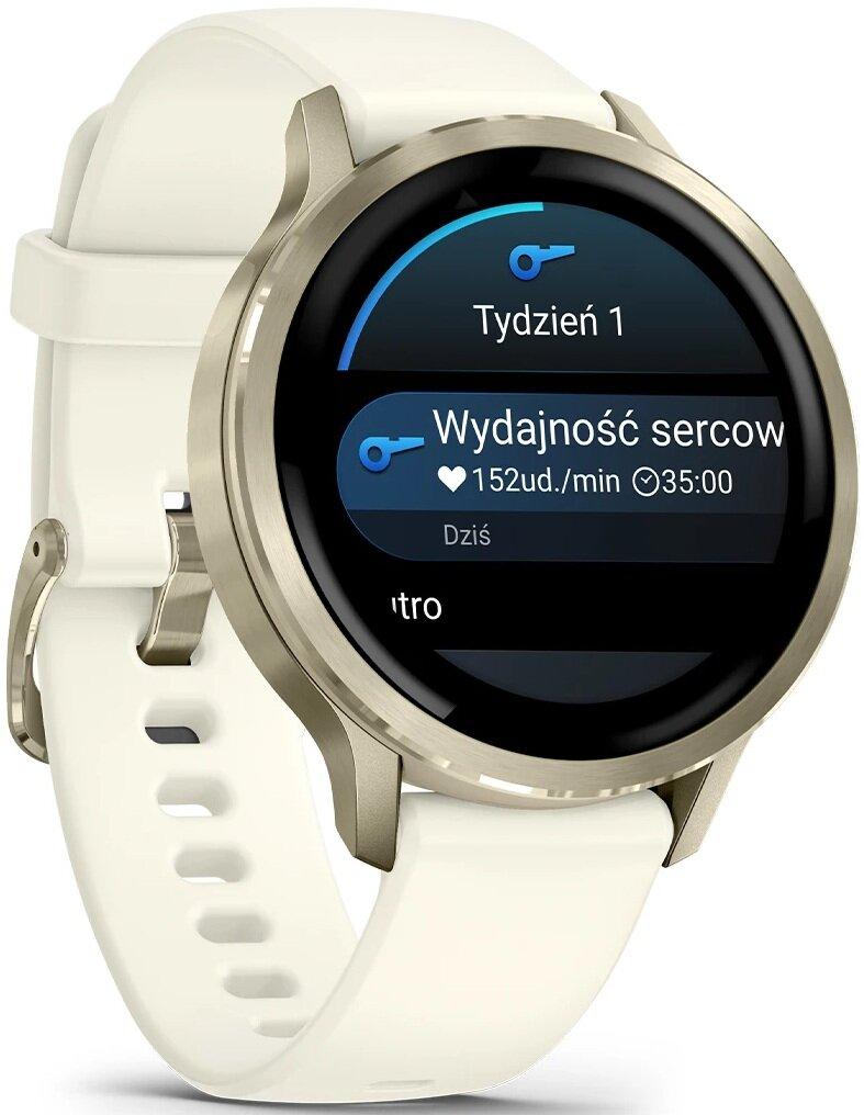 Biały smartwatch wyświetla dane dotyczące tętna, 152 uderzenia na minutę i 35:00. Ma biały pasek i metalową ramkę.