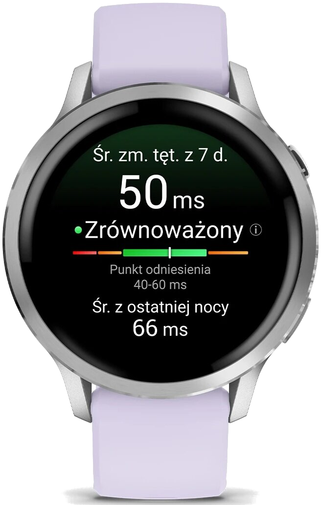 Smartwatch wyświetla dane dotyczące tętna. Ekran pokazuje '50 ms' i 'Zrównoważony'. Zegarek ma srebrną kopertę i fioletowy pasek.