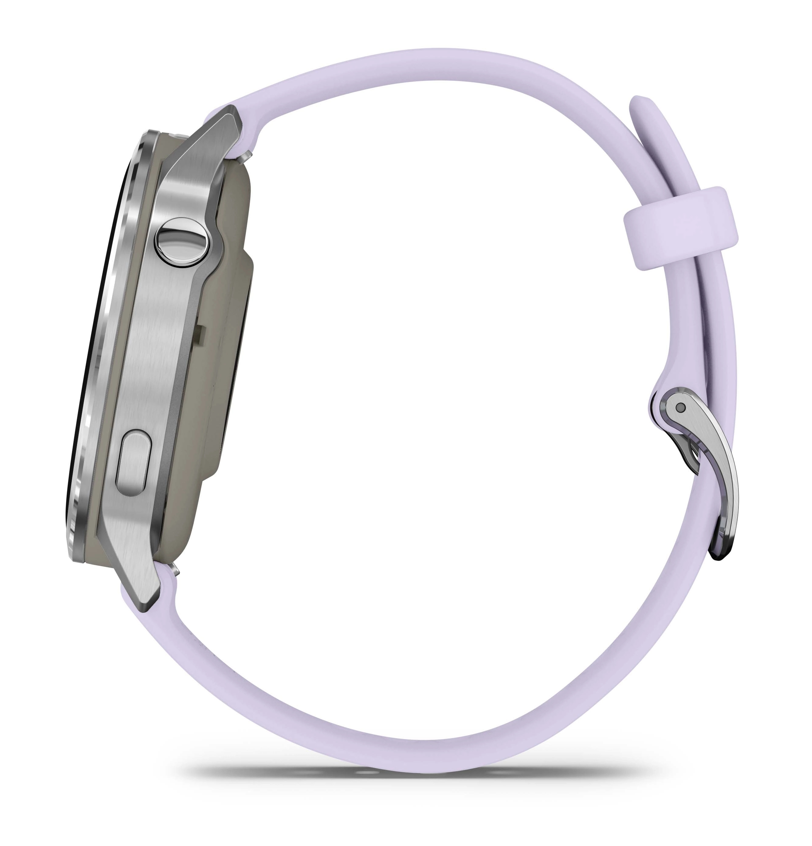 Widok z boku smartwatcha ze srebrną obudową i jasnofioletowym paskiem na białym tle. Zegarek jest wyłączony.