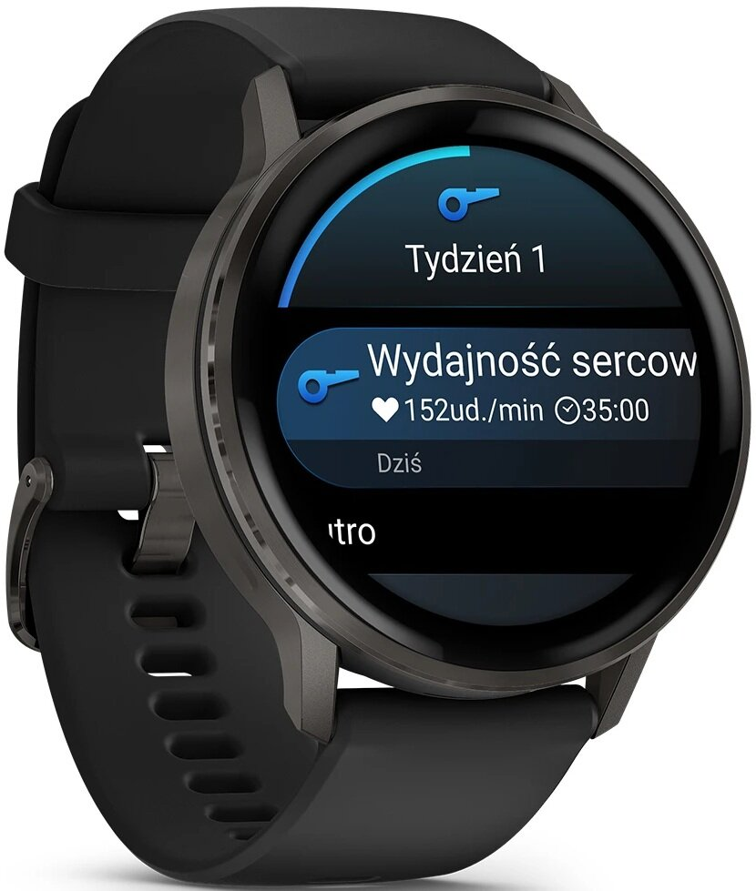 Czarny smartwatch wyświetlający dane tętna: 152 uderzeń/min, 35:00. Ekran pokazuje 'Tydzień 1' i 'Wydajność serca' po polsku.