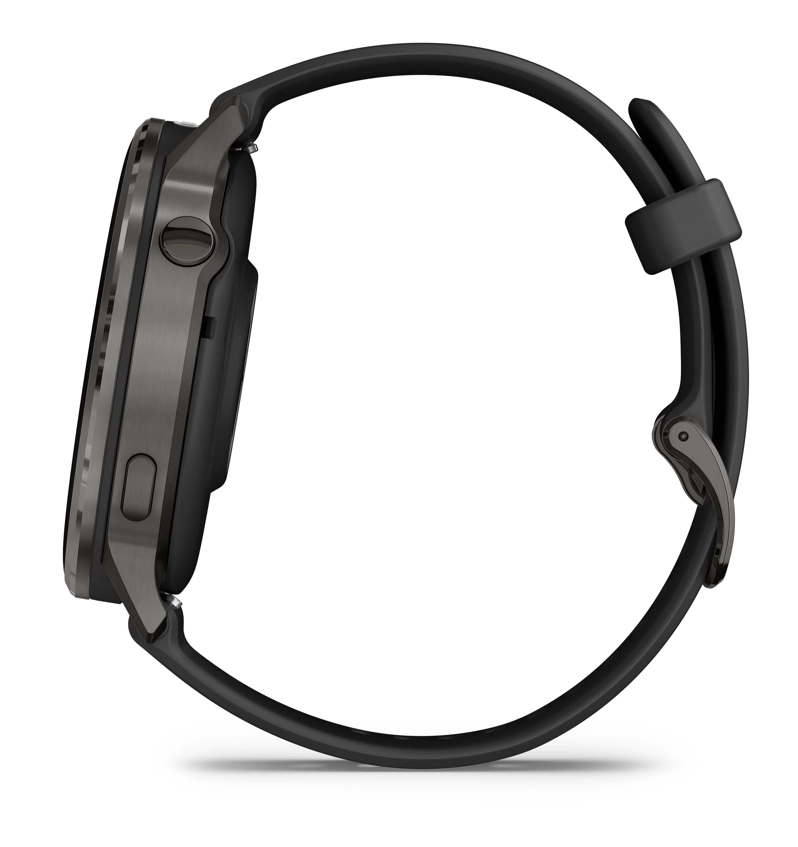 Widok z boku smartwatcha z ciemnoszarą obudową i czarnym paskiem. Tło jest białe.