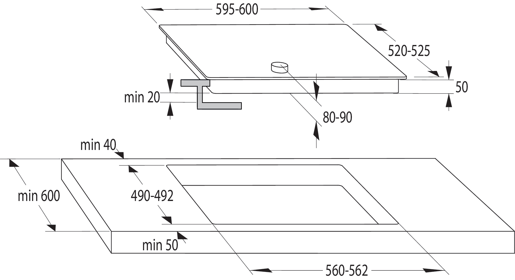 Főzőlap és kivágás méreteit ábrázoló diagram. Milliméterben megadott méretek a szélességhez, mélységhez és a minimális távolságokhoz.
