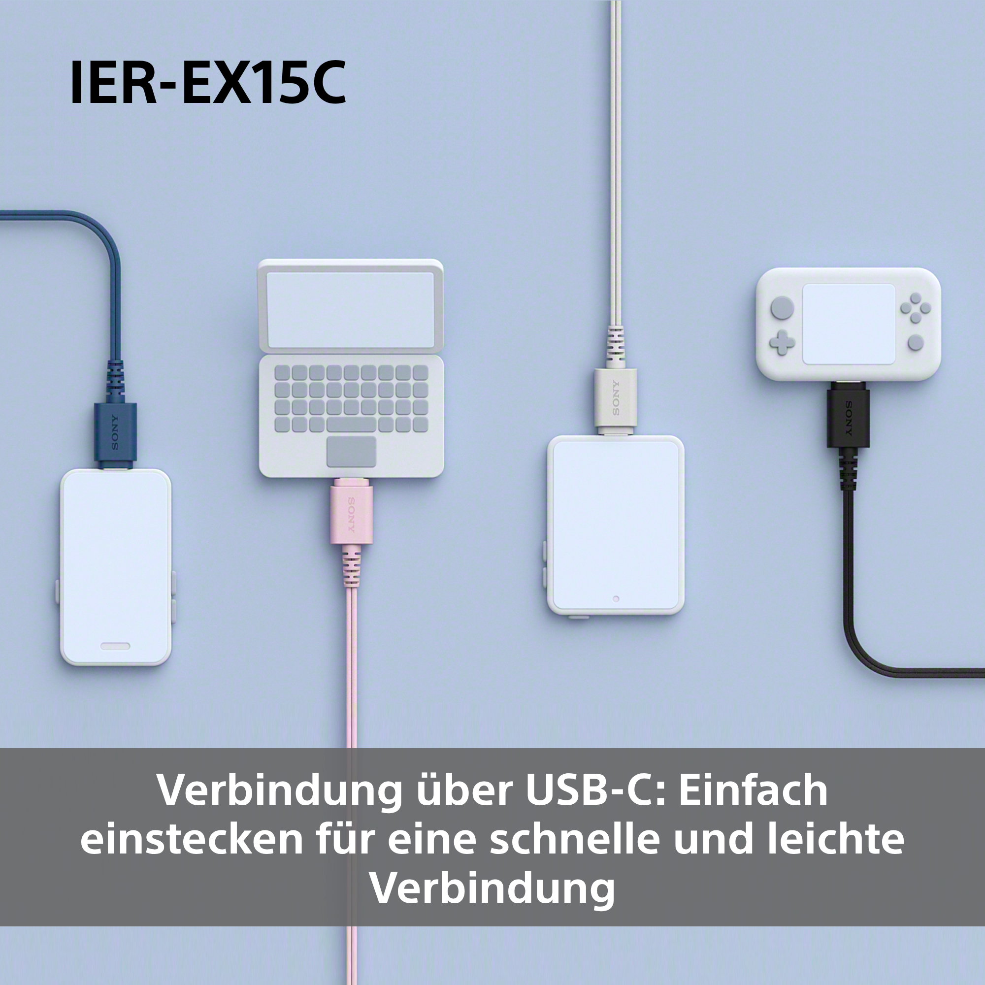 Das Bild zeigt angeschlossene Geräte mit USB-C-Kabeln. Beschriftet IER-EX15C. Text: Verbindung über USB-C: Einfaches Einstecken für schnelle Verbindung.