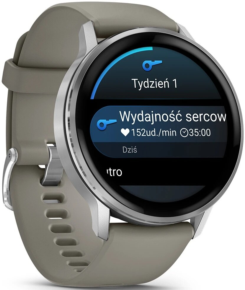 Smartwatch wyświetla dane dotyczące tętna: 152 bpm, 35:00. Zegarek ma szary pasek i srebrną ramkę. Ekran wyświetla dane.