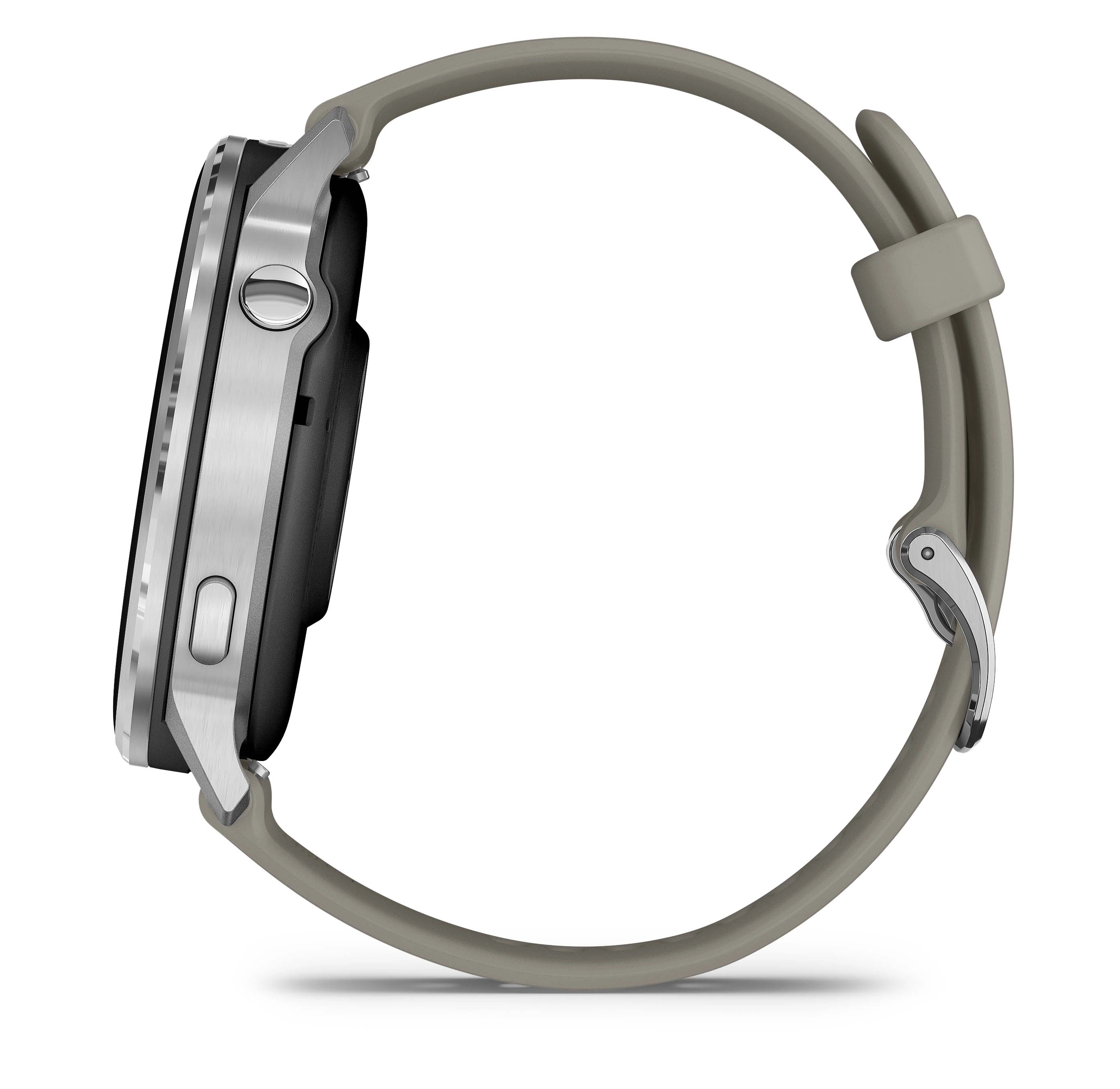 Widok z boku smartwatcha z szarym paskiem. Tarcza zegarka jest czarna. Pasek jest połączony z zegarkiem.