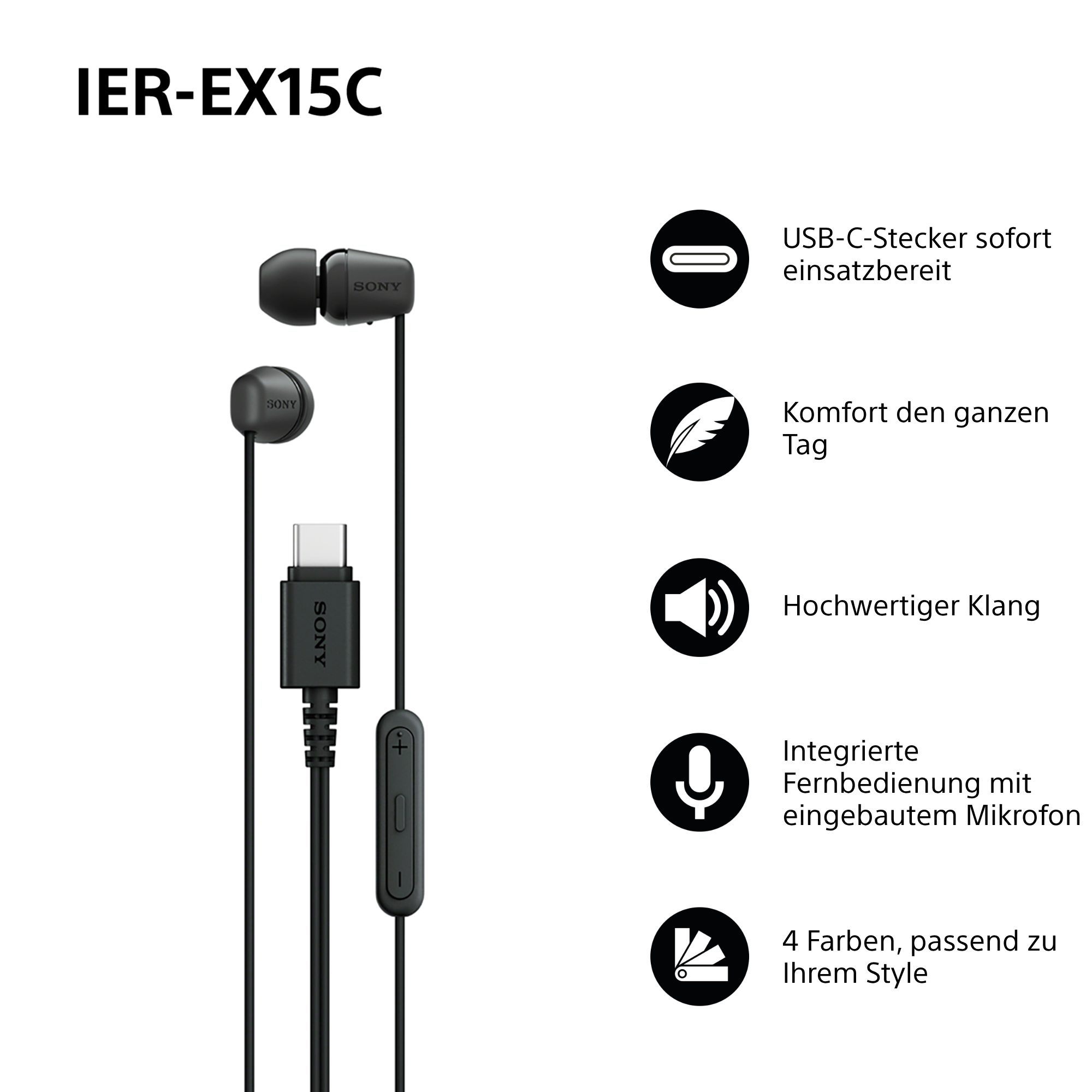 Schwarze Sony IER-EX15C-Ohrhörer mit USB-C-Anschluss, Steuertaste und Produktausstattungs-Symbolen.
