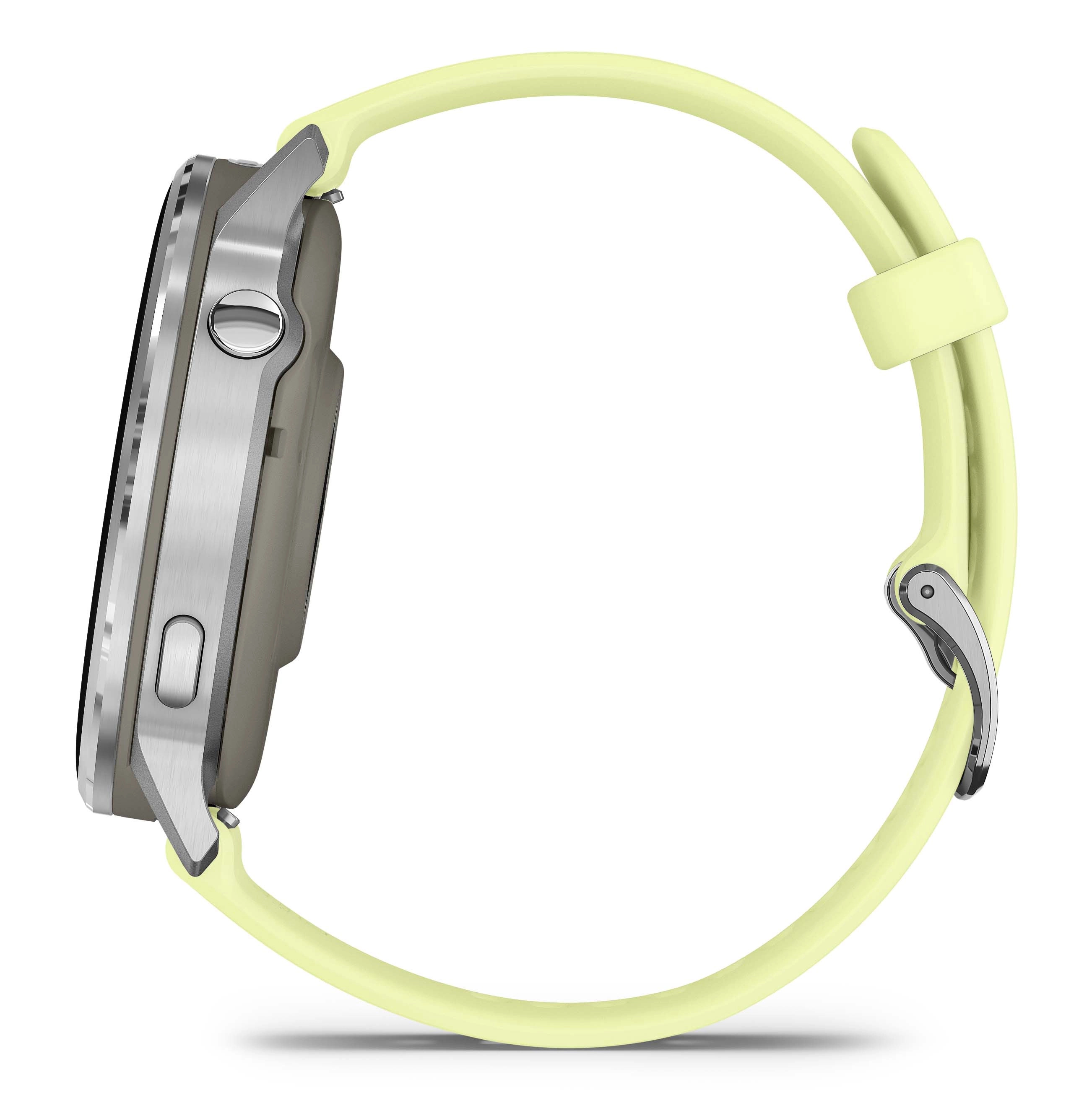 Widok z boku smartwatcha z jasnożółtym paskiem. Zegarek jest srebrny i szary.