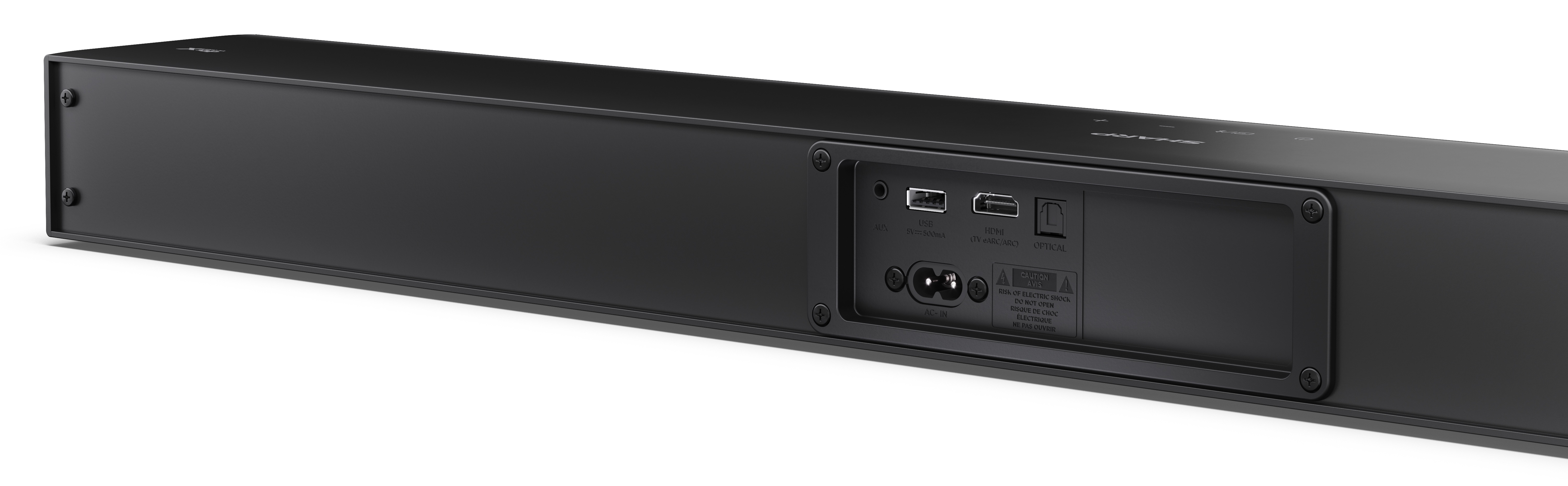 Czarny soundbar z portami USB, HDMI i audio optycznym. Zawiera wejście zasilania i etykiety ostrzegawcze. Produkt Sharp.
