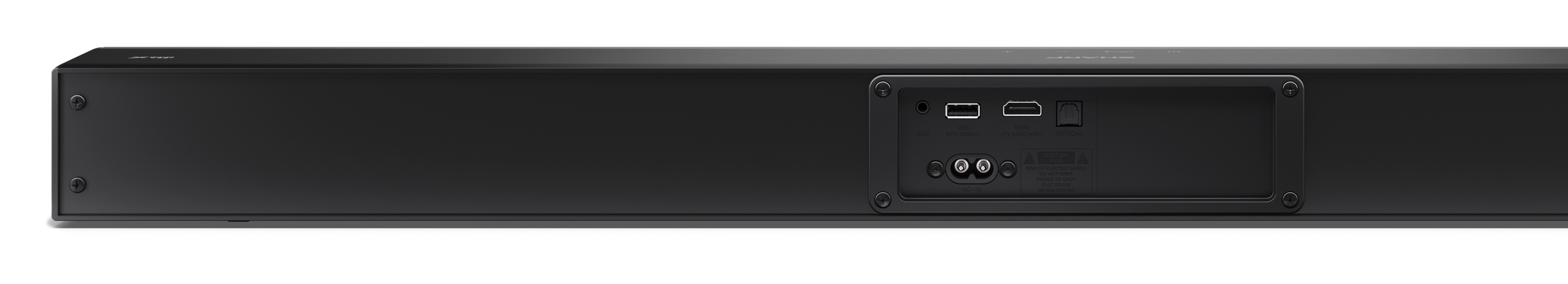 Czarny soundbar z wieloma portami na białym tle. Porty obejmują USB, HDMI i optyczny.