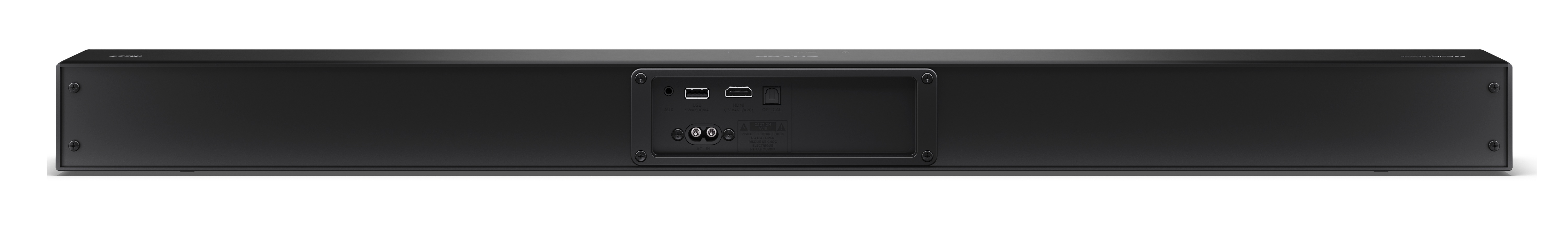 Czarny soundbar na białym tle, z portami połączeniowymi z tyłu. Widoczne śruby po bokach.
