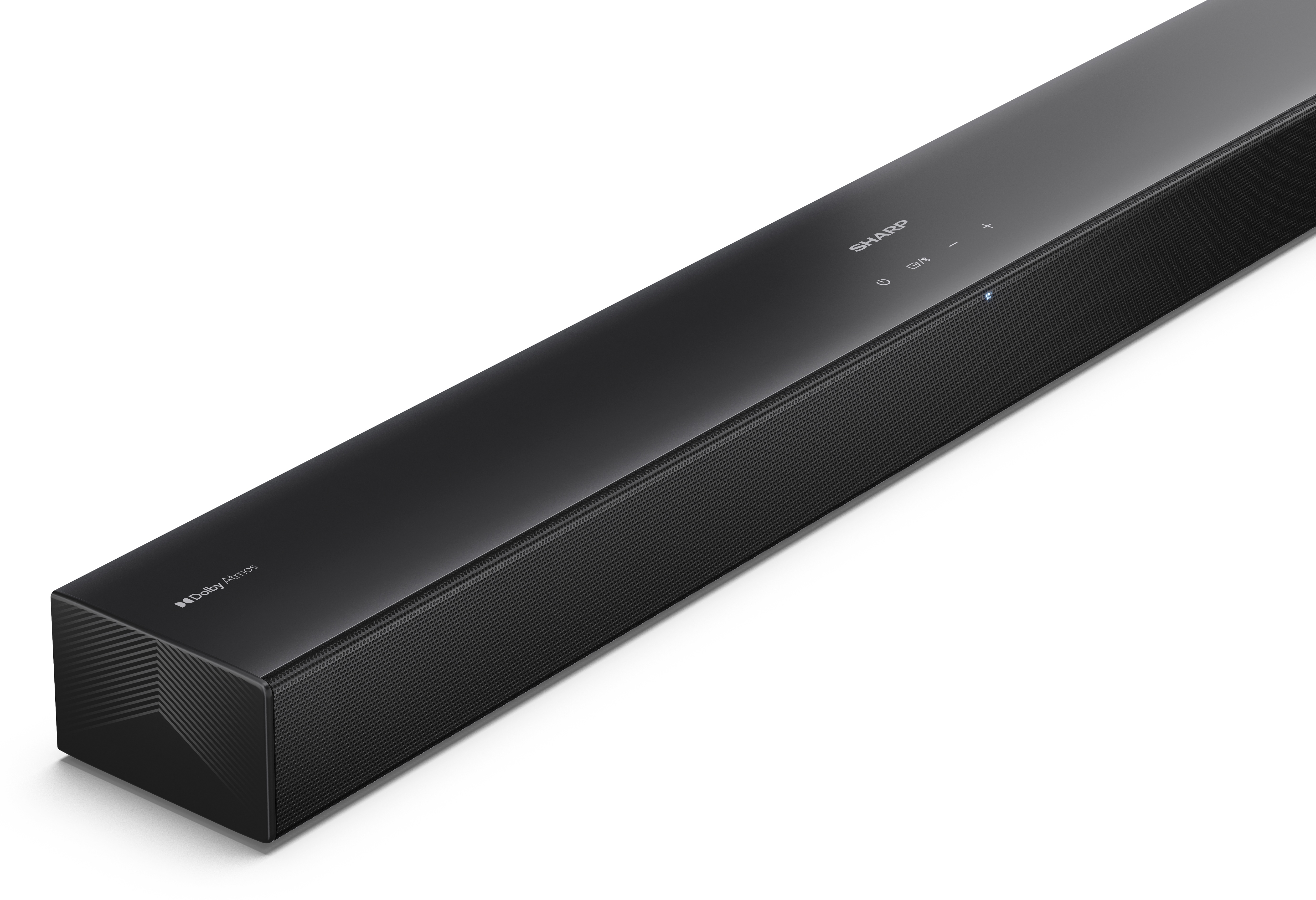 Czarny soundbar z logo Sharp. Posiada przyciski sterowania i markę Dolby Atmos na białym tle.