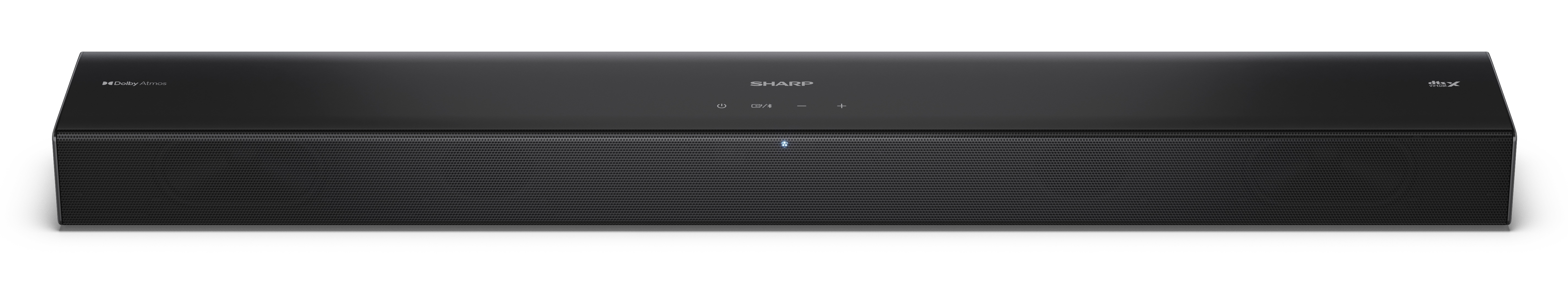Czarny soundbar z logo 'SHARP', przyciskami zasilania i głośności oraz markami 'Dolby Atmos' i 'dts:X', na białym tle.