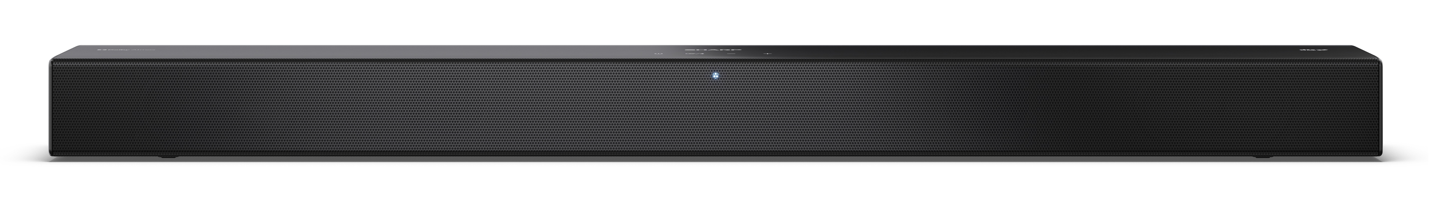 Czarny soundbar z perforowanym przodem, niebieskim światłem i marką 'SHARP' na górze.