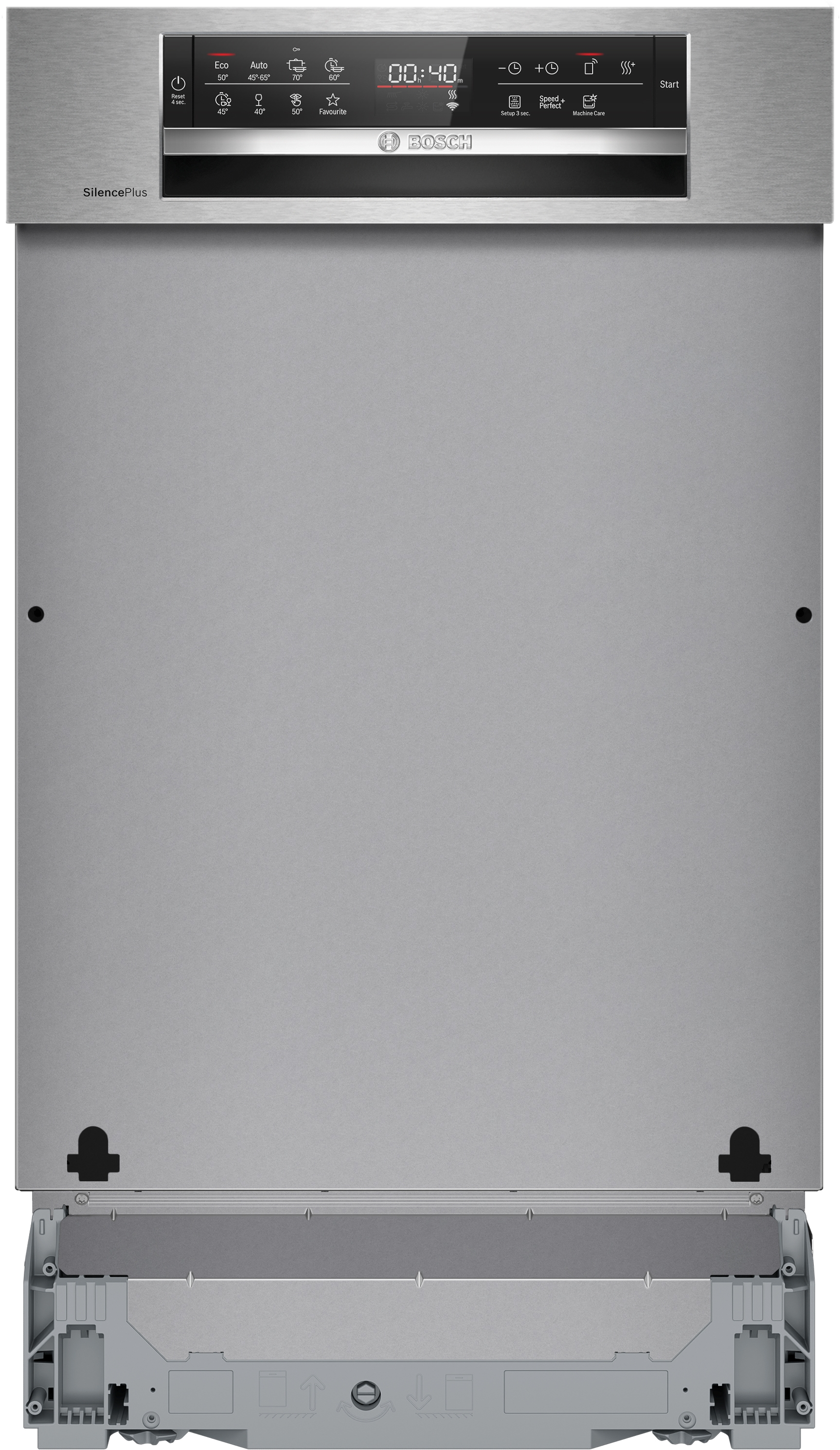 Ein Geschirrspüler aus Edelstahl mit Bedienfeld oben. Das Panel zeigt Programoptionen, einen Timer und das Bosch-Logo.