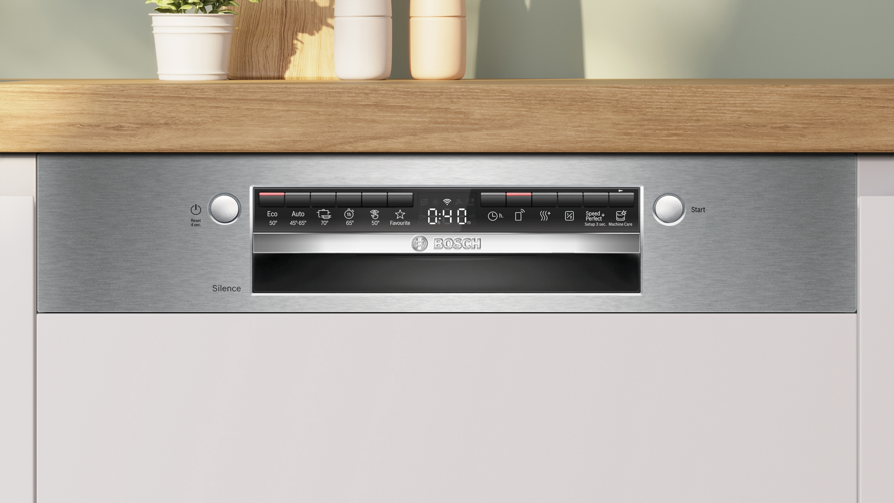 Edelstahl-Geschirrspüler-Bedienfeld mit Touchscreen und Symbolen für Programme.