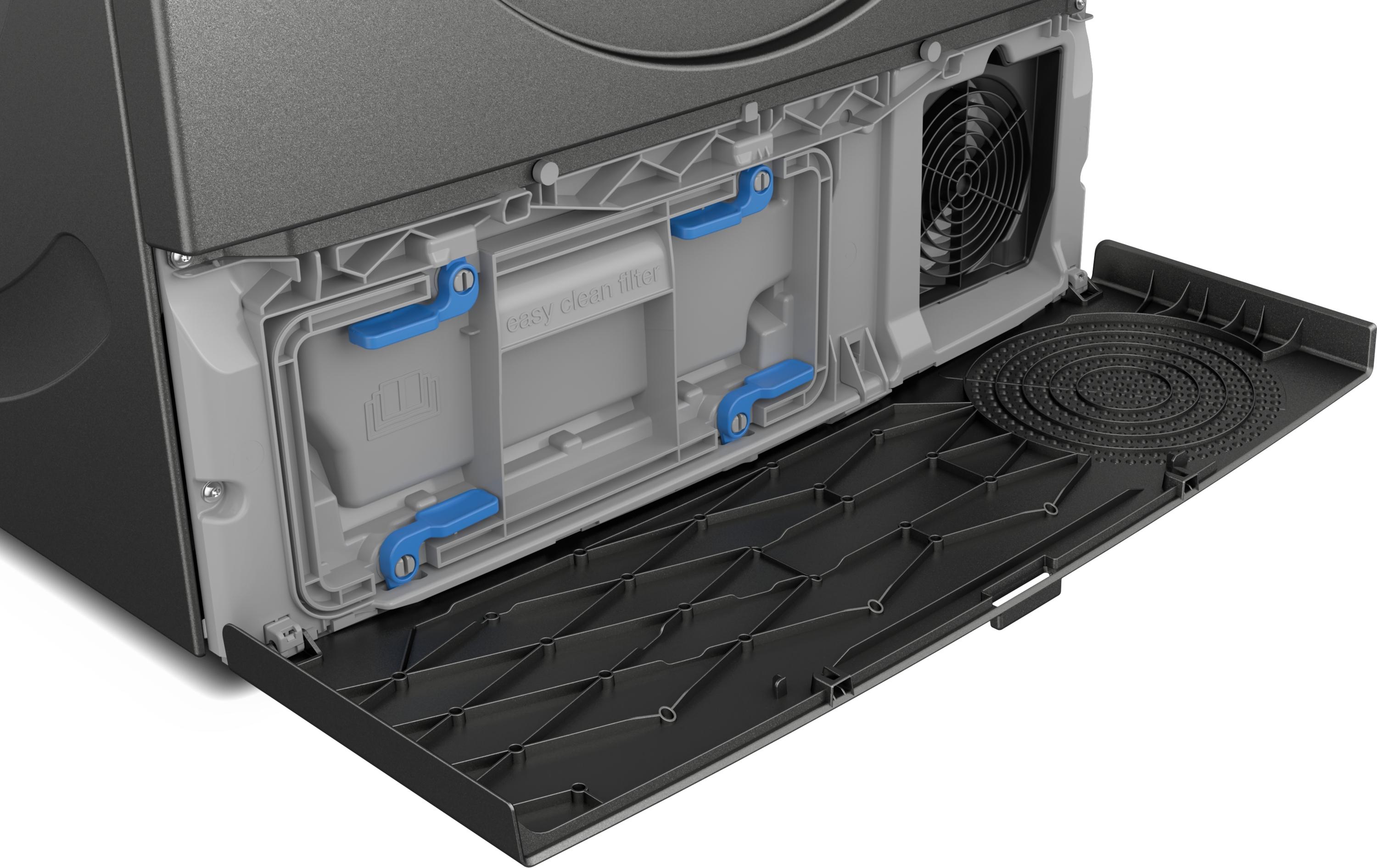 Die Rückseite einer Maschine zeigt Filter, Lüfter und eine schwarze Ablage. Blaue Hebel sichern den Filter.
