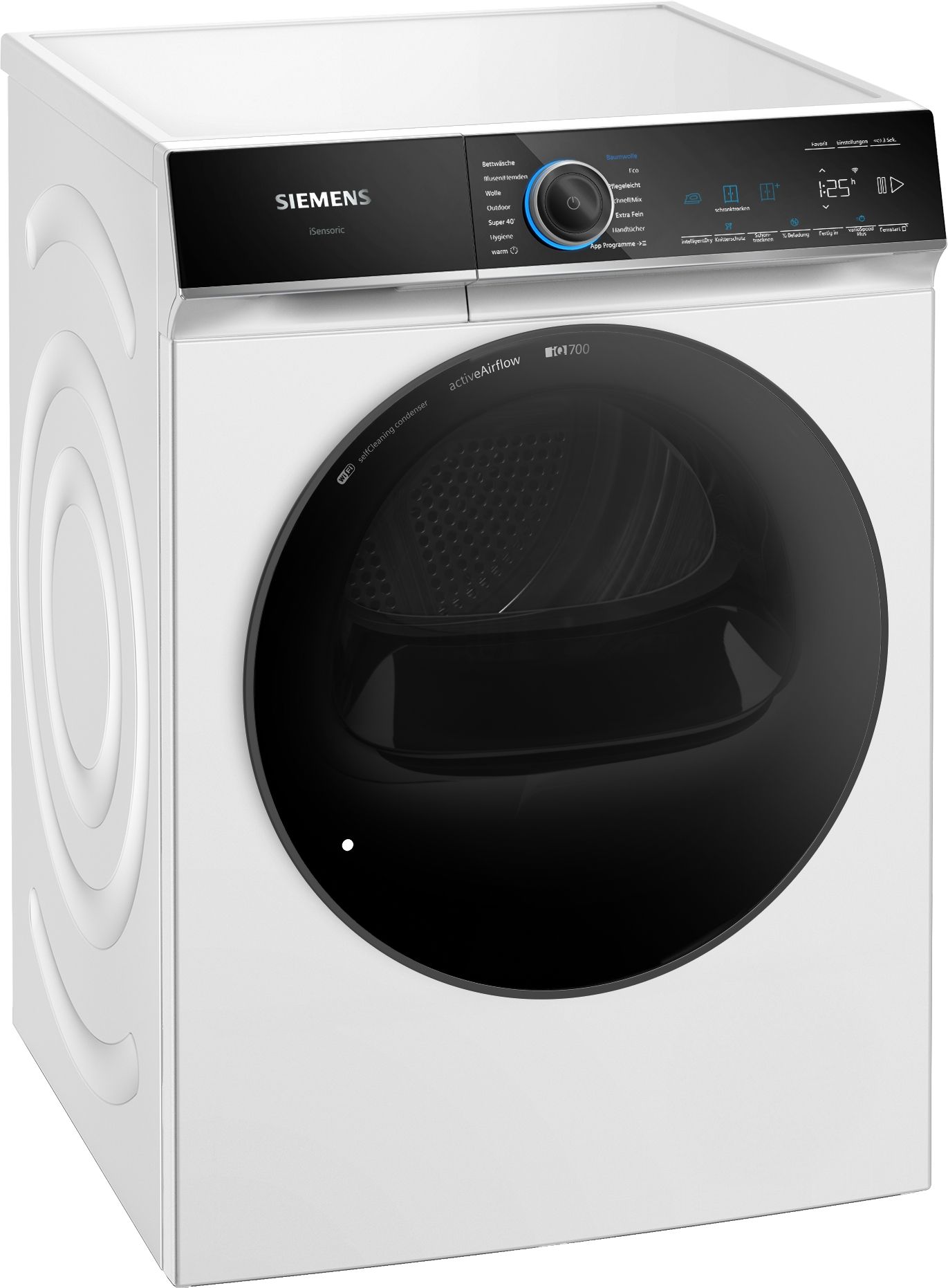 Ein weißer Siemens iSensoric Trockner mit schwarzer Tür. Bedienfeld mit Programmen. Die Tür hat eine runde Form.