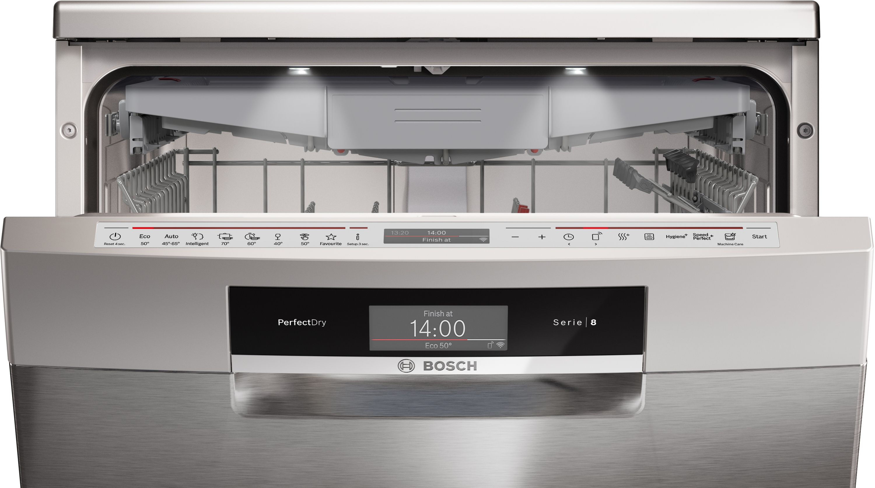 Ein offener Bosch-Geschirrspüler aus Edelstahl. Er hat ein Bedienfeld mit Tasten und ein Display, das die Endzeit anzeigt. Der Innenraum ist sichtbar.