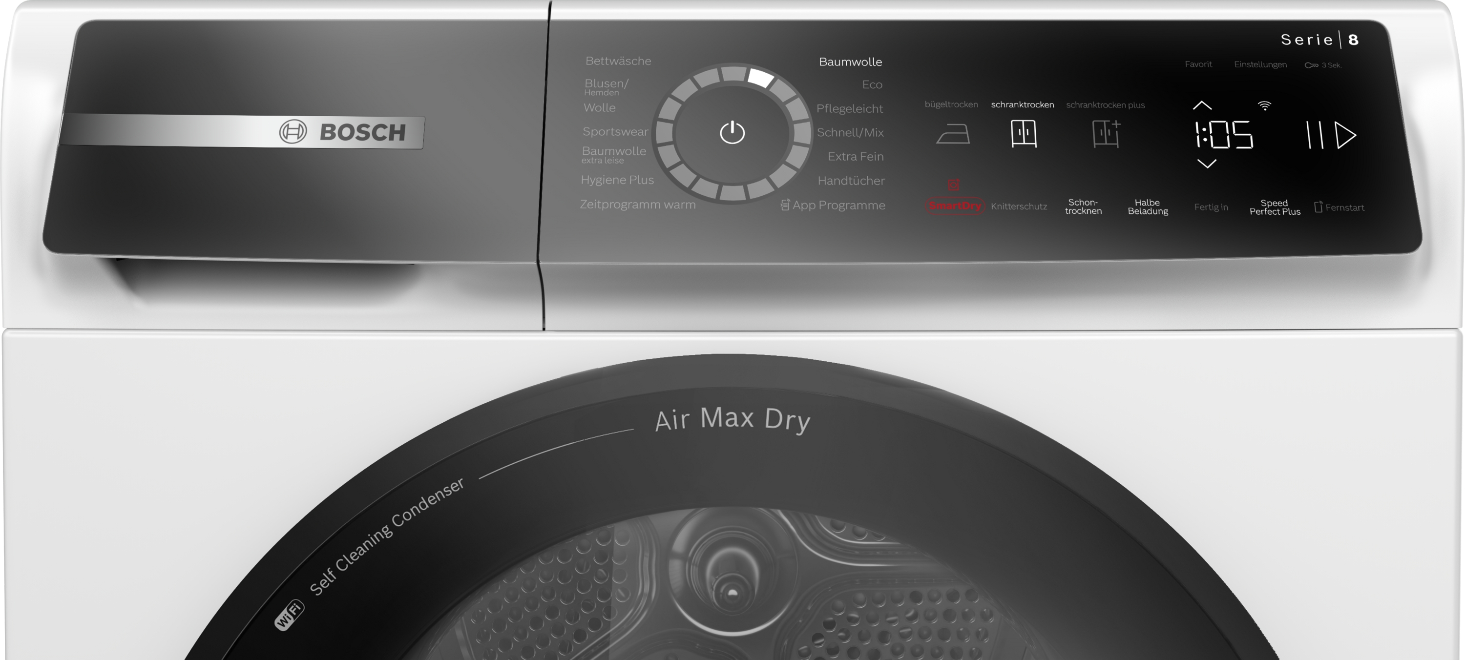Ein weißes Bosch-Trockner-Bedienfeld mit Digitalanzeige, Einstellungstasten und einer schwarzen Tür unten.