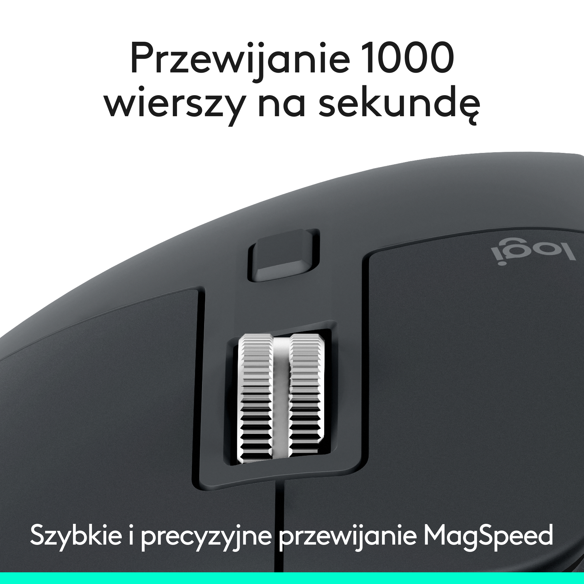 Czarna mysz komputerowa z kółkiem przewijania. U góry napis: 'Przewijanie 1000 linii na sekundę'.