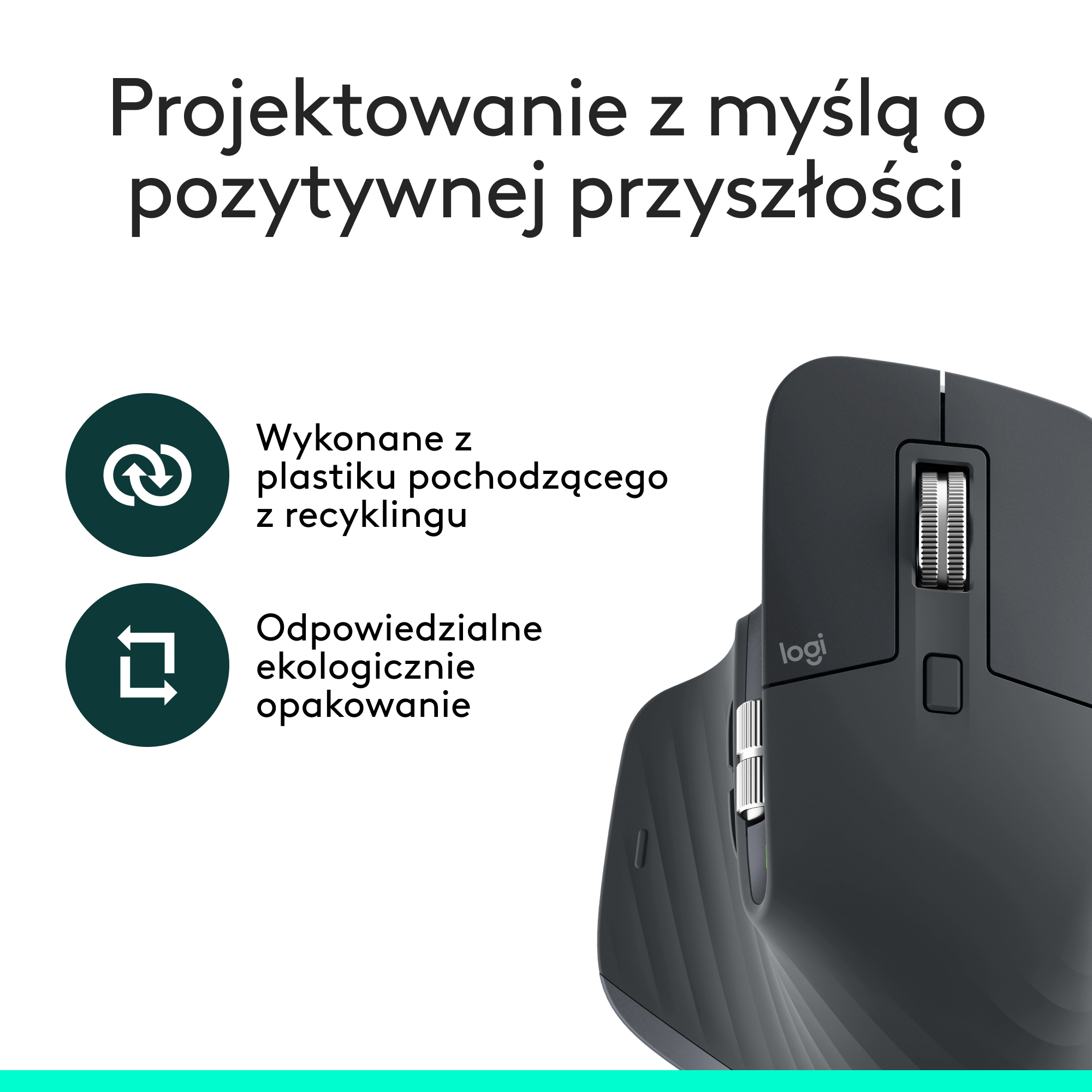 Ciemnoszara mysz z kółkiem przewijania i logo. Polski tekst promuje recykling i ekologiczne opakowania.