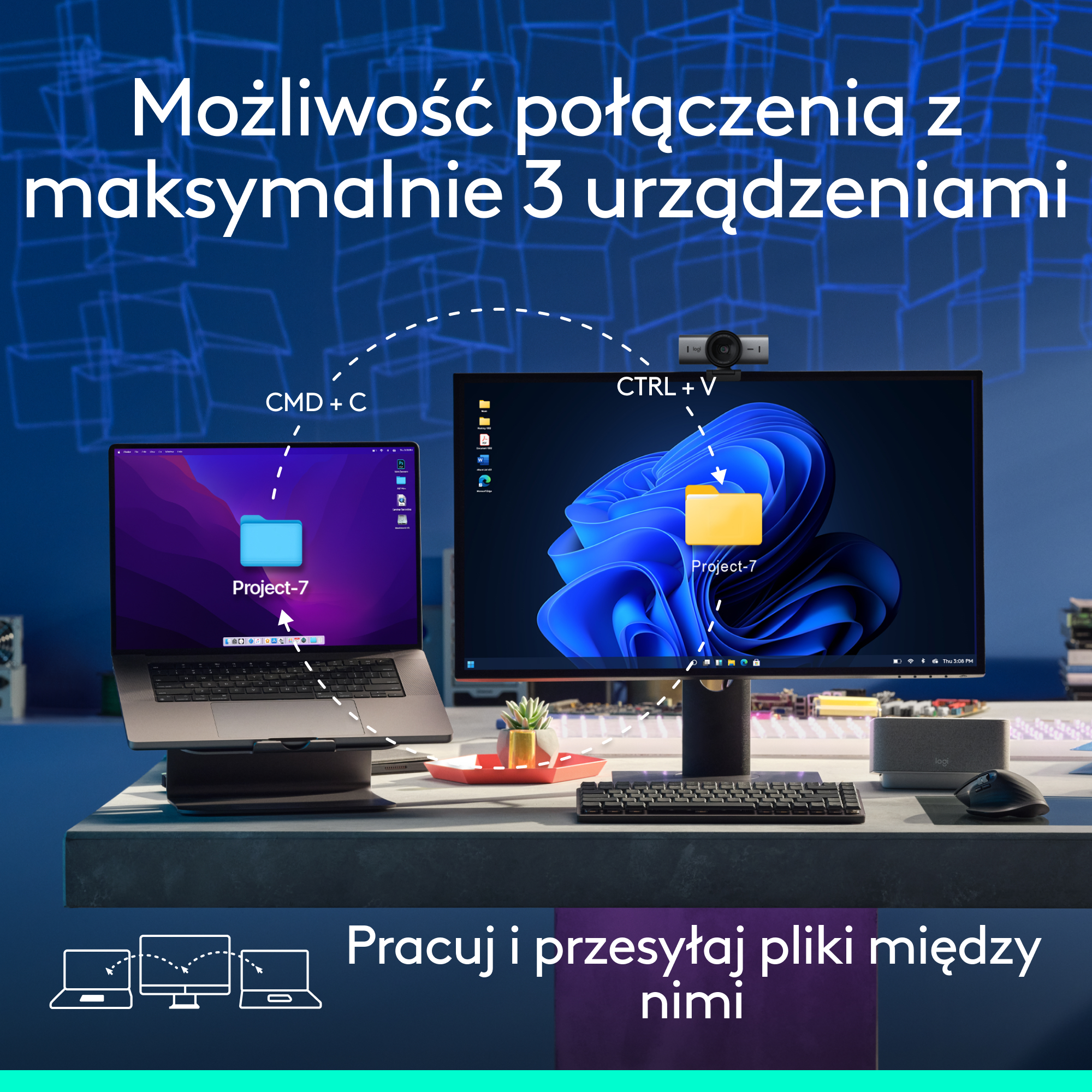 Laptop i monitor połączone. Pokazano przesyłanie plików między nimi. Tekst mówi: 'Pracuj i przesyłaj pliki między nimi'.