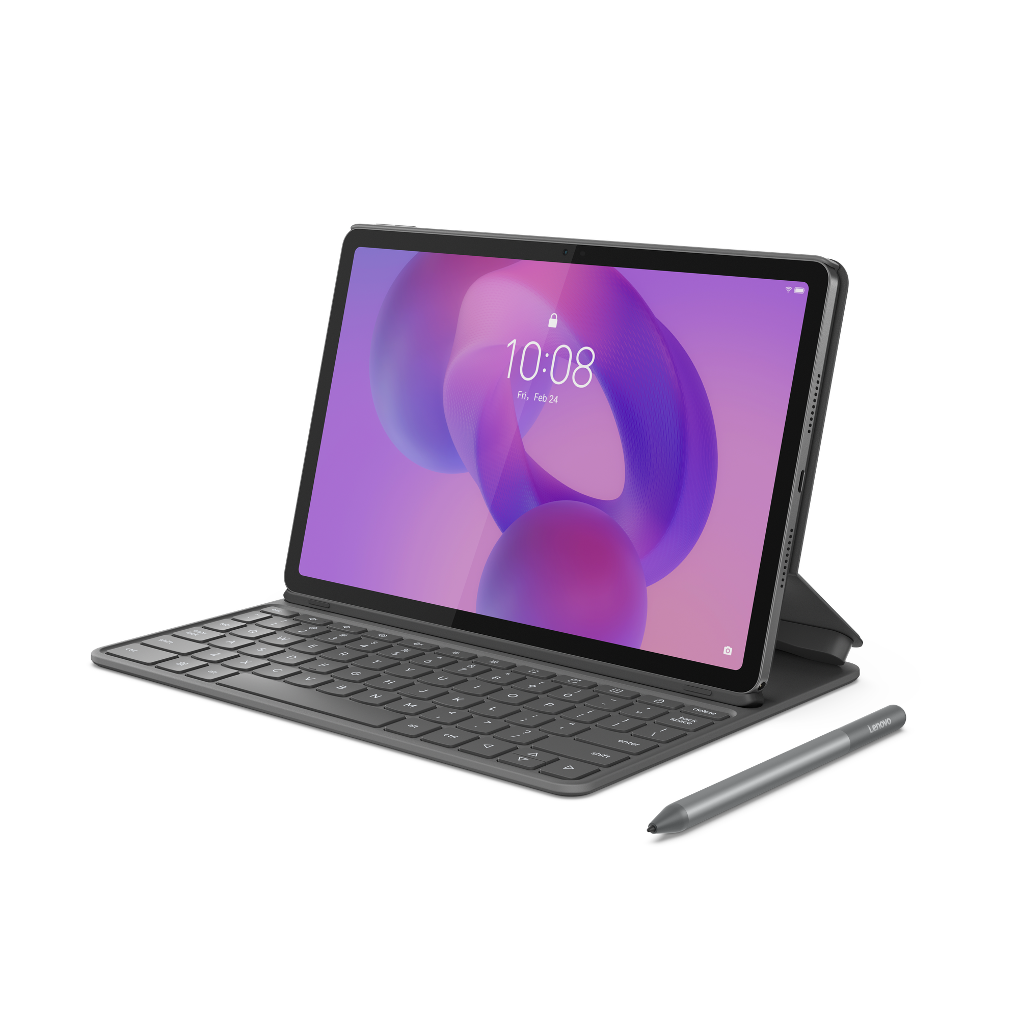 Bir Lenovo tablet, klavye ve kalem ile. Ekran zamanı gösteriyor. Arka plan siyahtır.