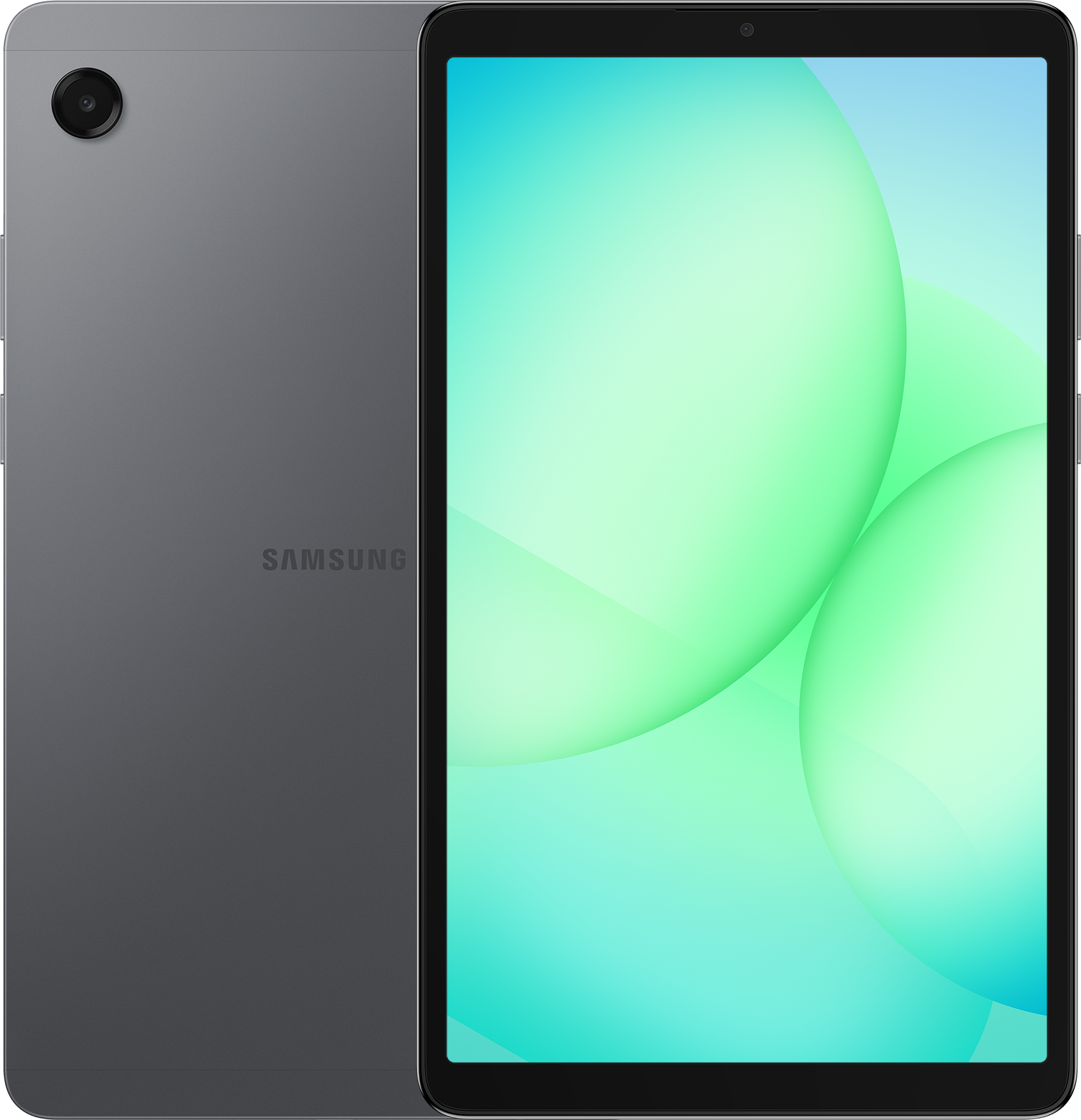 Egy Samsung tablet, szürke hátlap kamerával, a képernyő zöld és kék absztrakt dizájnt jelenít meg.