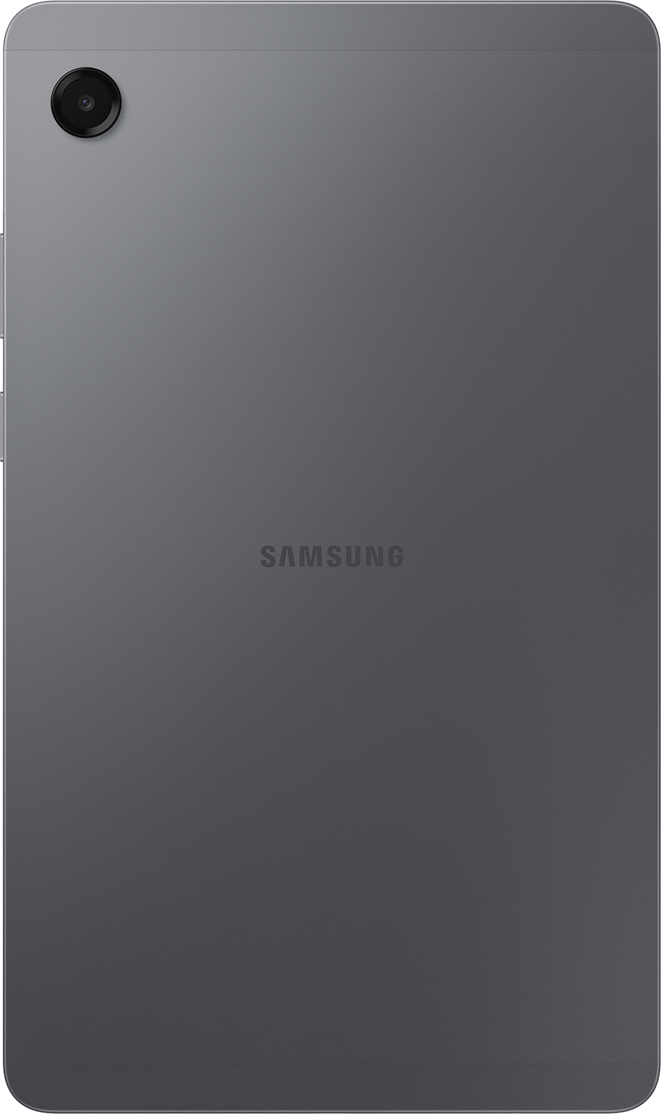 Egy szürke Samsung tablet hátulnézete. A kamera lencséje bal felül található. A Samsung logó a közepén.