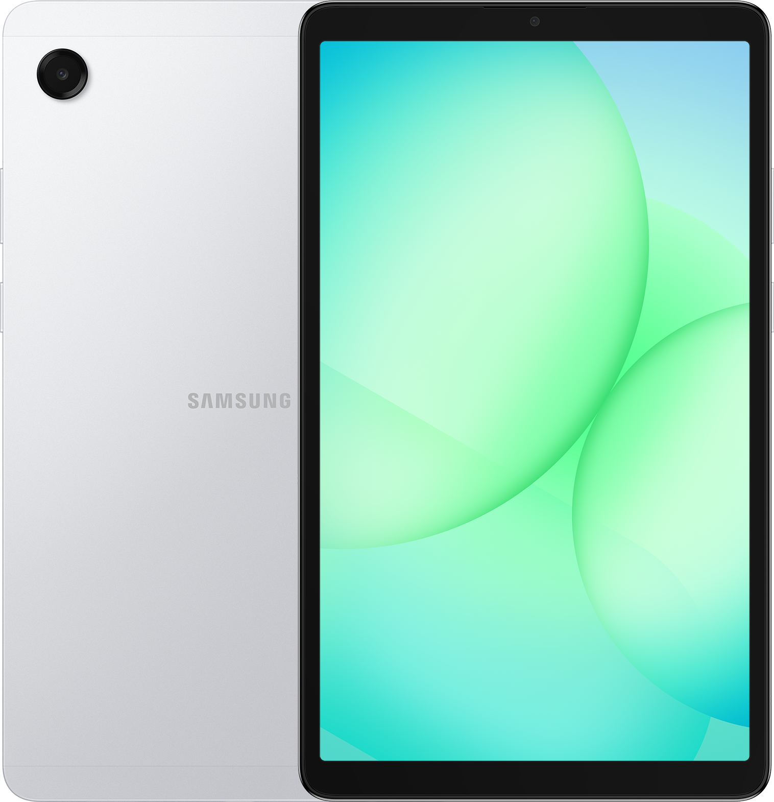 Ezüst Samsung tablet, mely a hátulját és a kijelzőjét mutatja, zöld és kék átmenettel. A hátoldalon kamera és a Samsung logó látható.