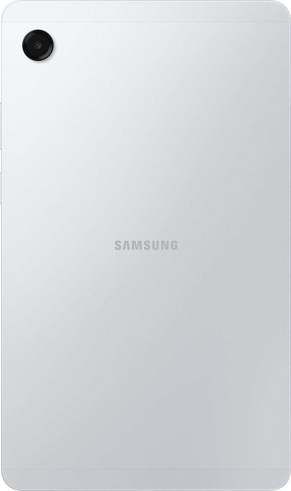 Ezüst táblagép hátulja. Bal felső sarokban kamera. A Samsung logó középen. Lekerekített sarkok. Minimál design.