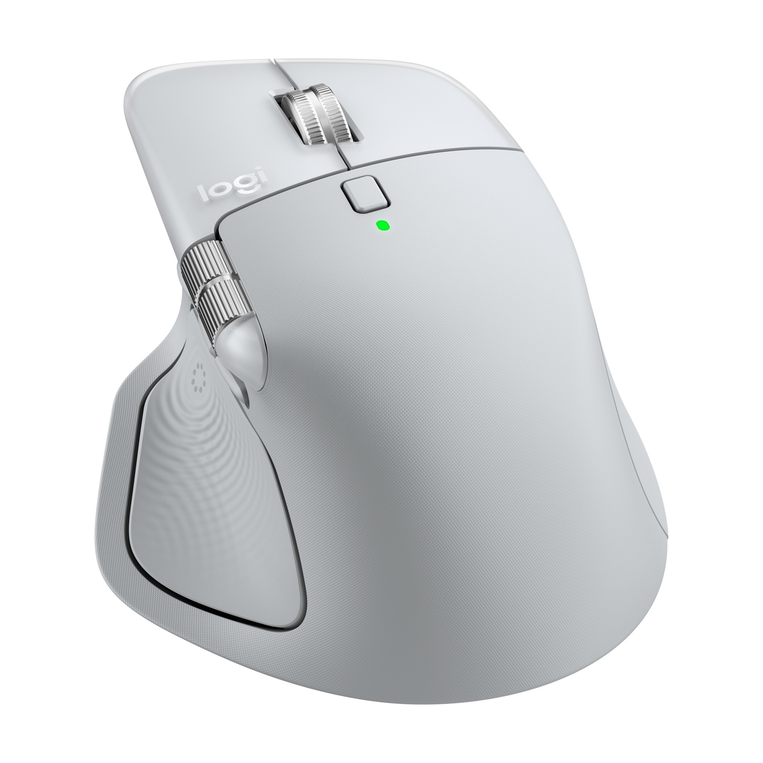 Un mouse ergonomico bianco con rotelle argentate, pulsanti e una spia verde. Visibile il logo Logitech.