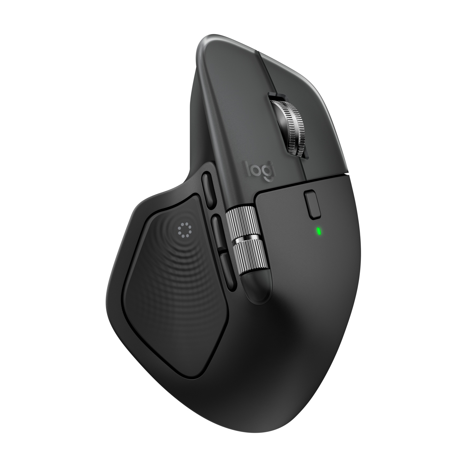 Un mouse Logitech MX Master 3 nero. Ha diversi pulsanti, una rotella di scorrimento e una rotella per il pollice. Il logo Logitech è visibile.