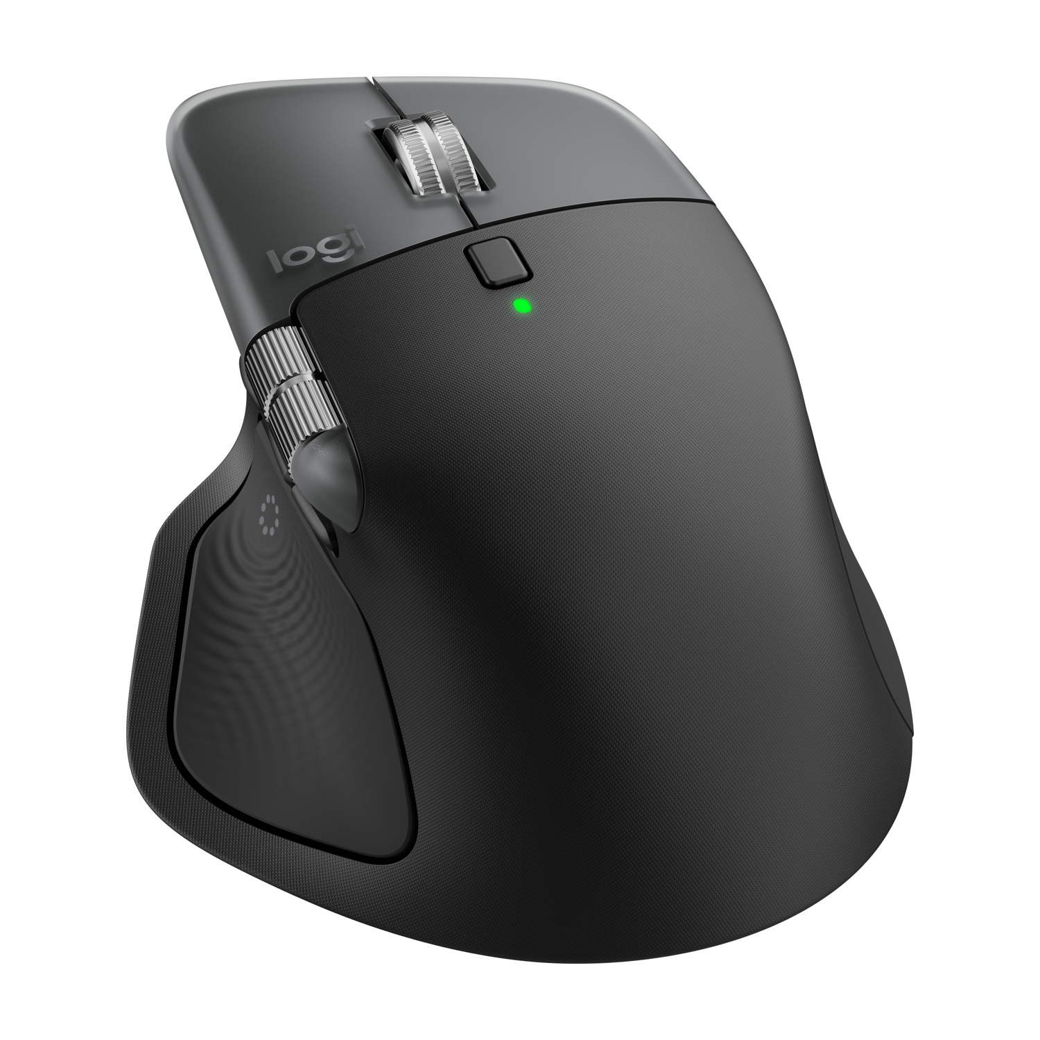 Un mouse Logitech MX Master 3 nero e grigio. Ha pulsanti, una rotella di scorrimento e un LED verde. Lo sfondo è bianco.